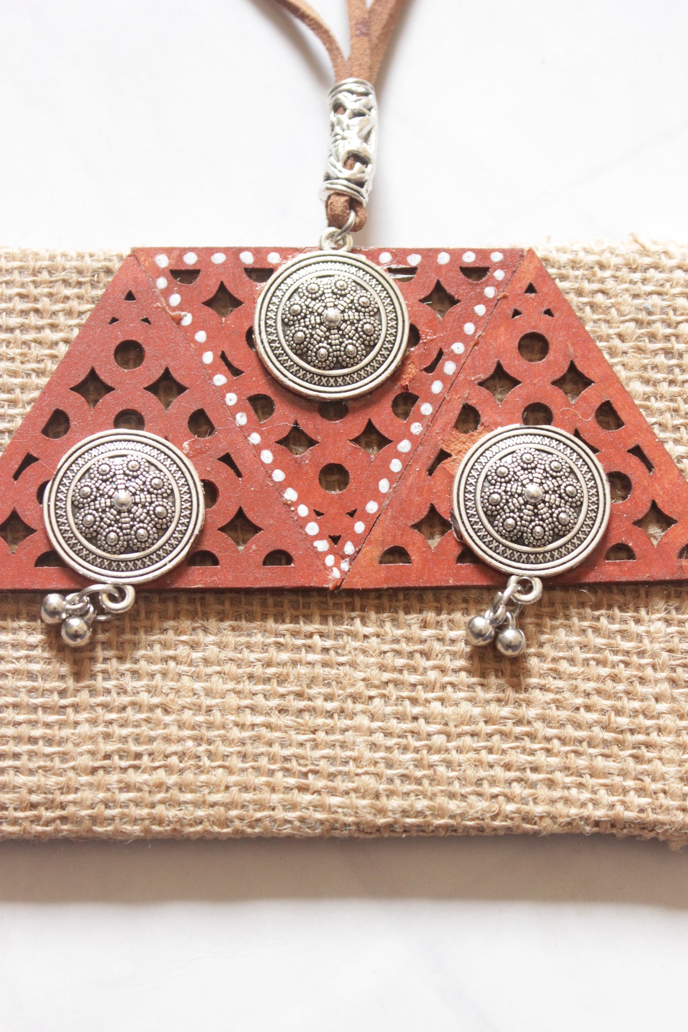 Jute and Leather Handmade Necklace with Stamped Metal Coins
