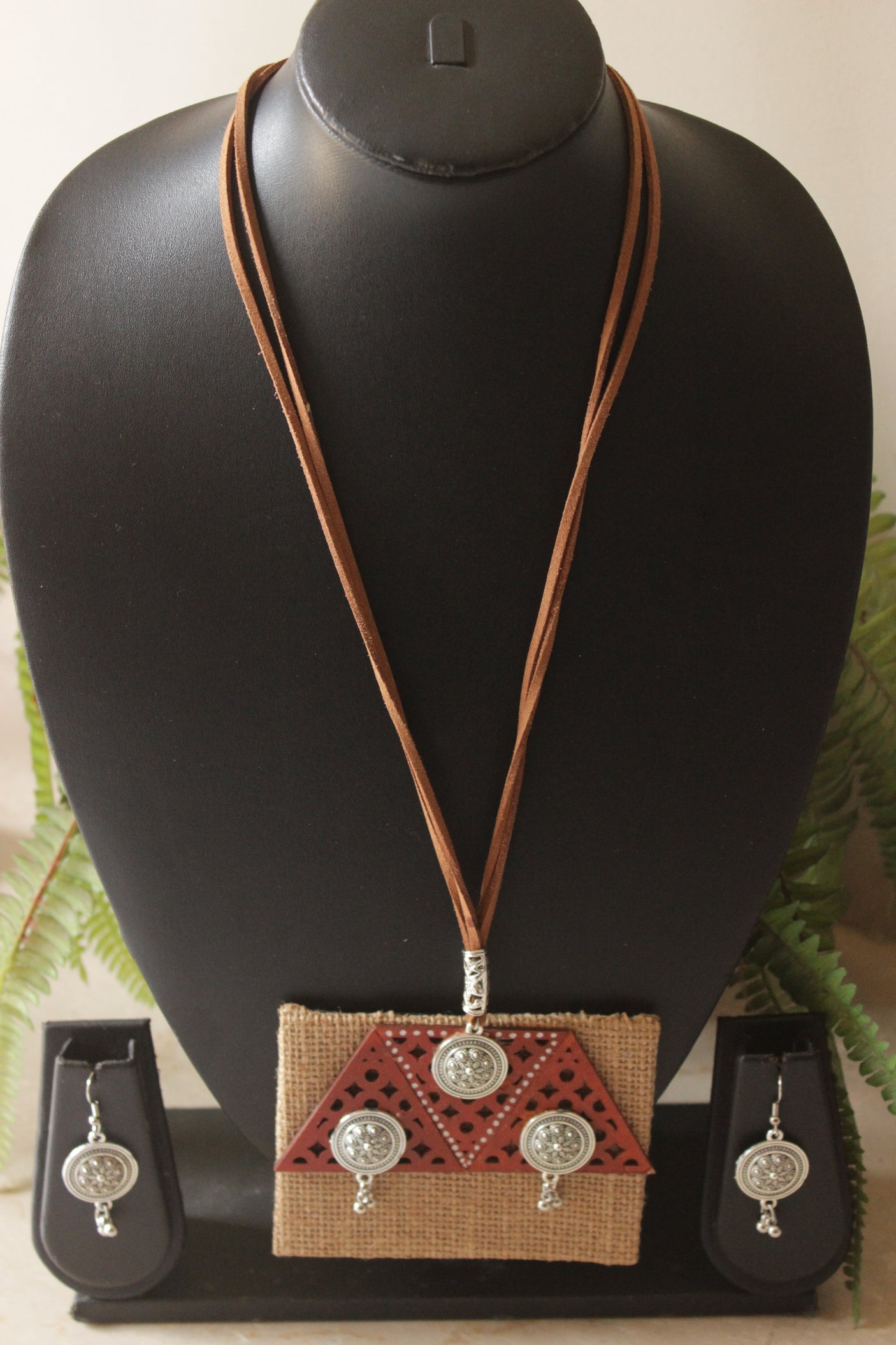 Jute and Leather Handmade Necklace with Stamped Metal Coins