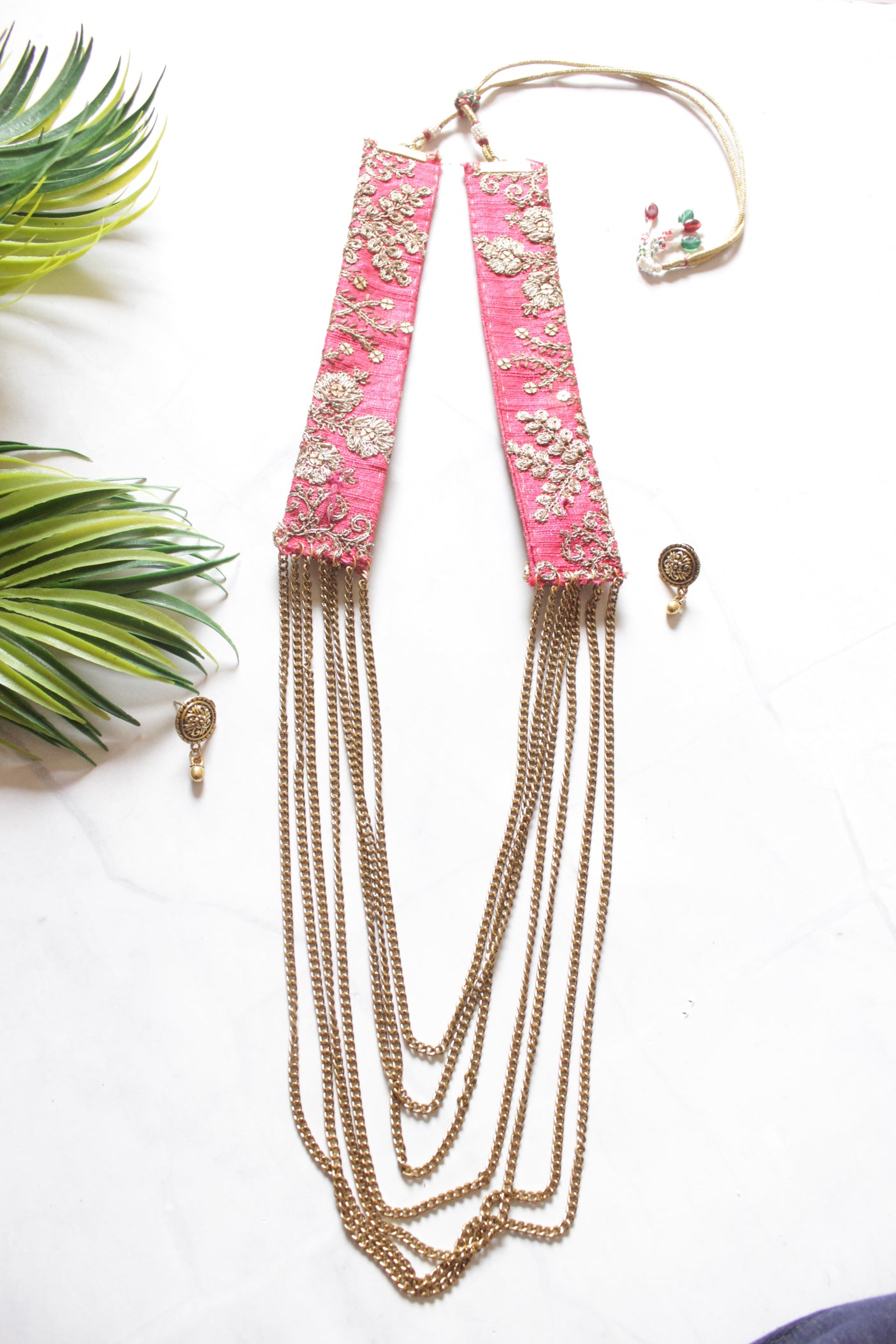 Fabric and Metal Chains Handmade Long Necklace Set