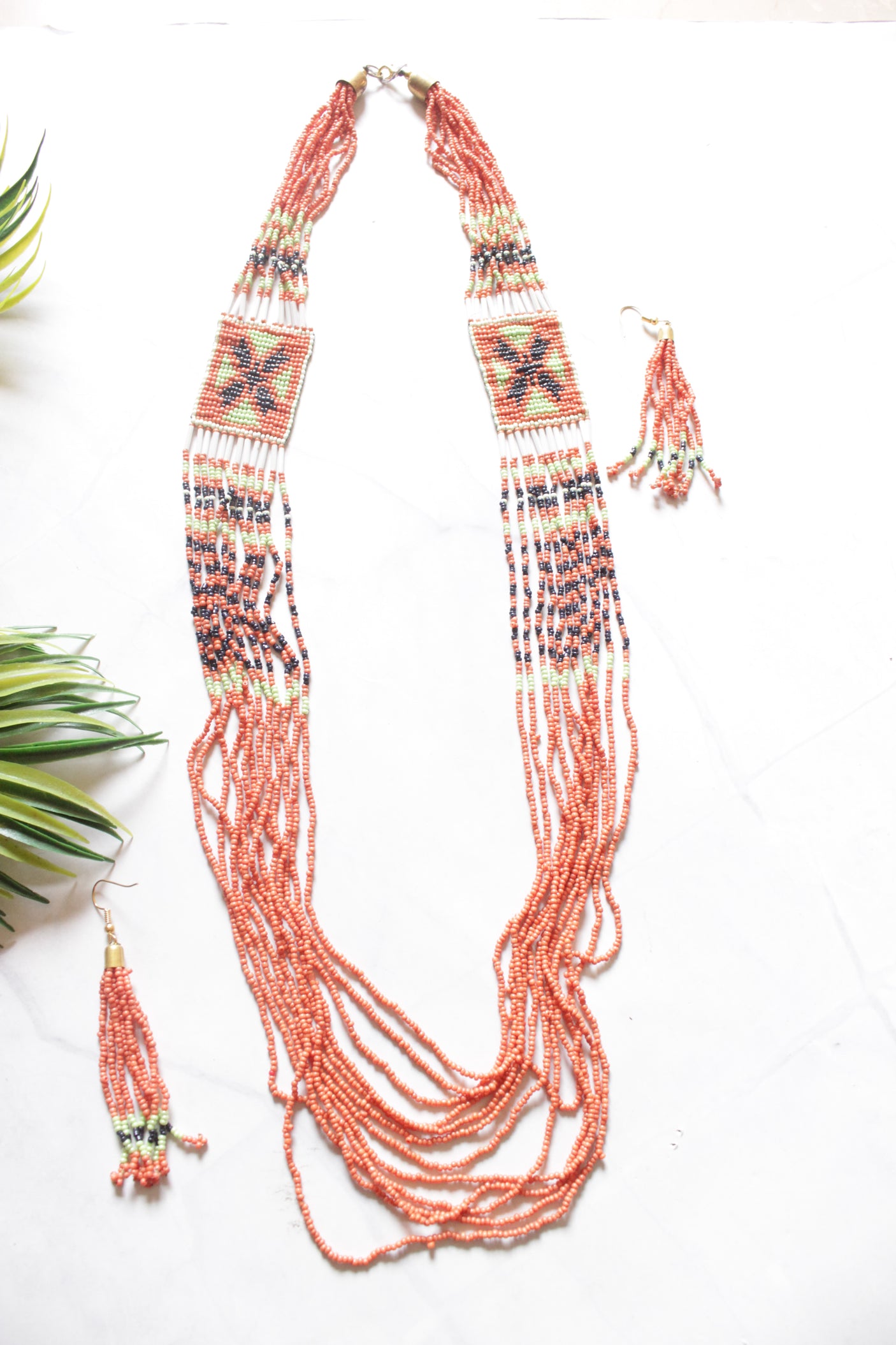 Orange Hand Beaded Long Necklace Set