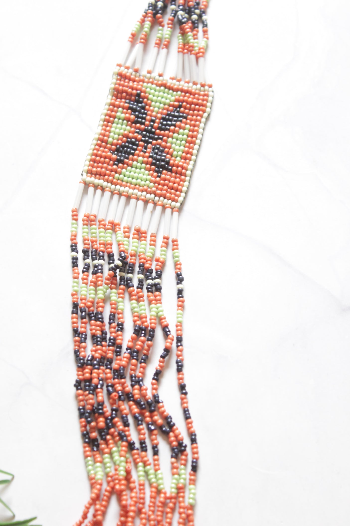 Orange Hand Beaded Long Necklace Set