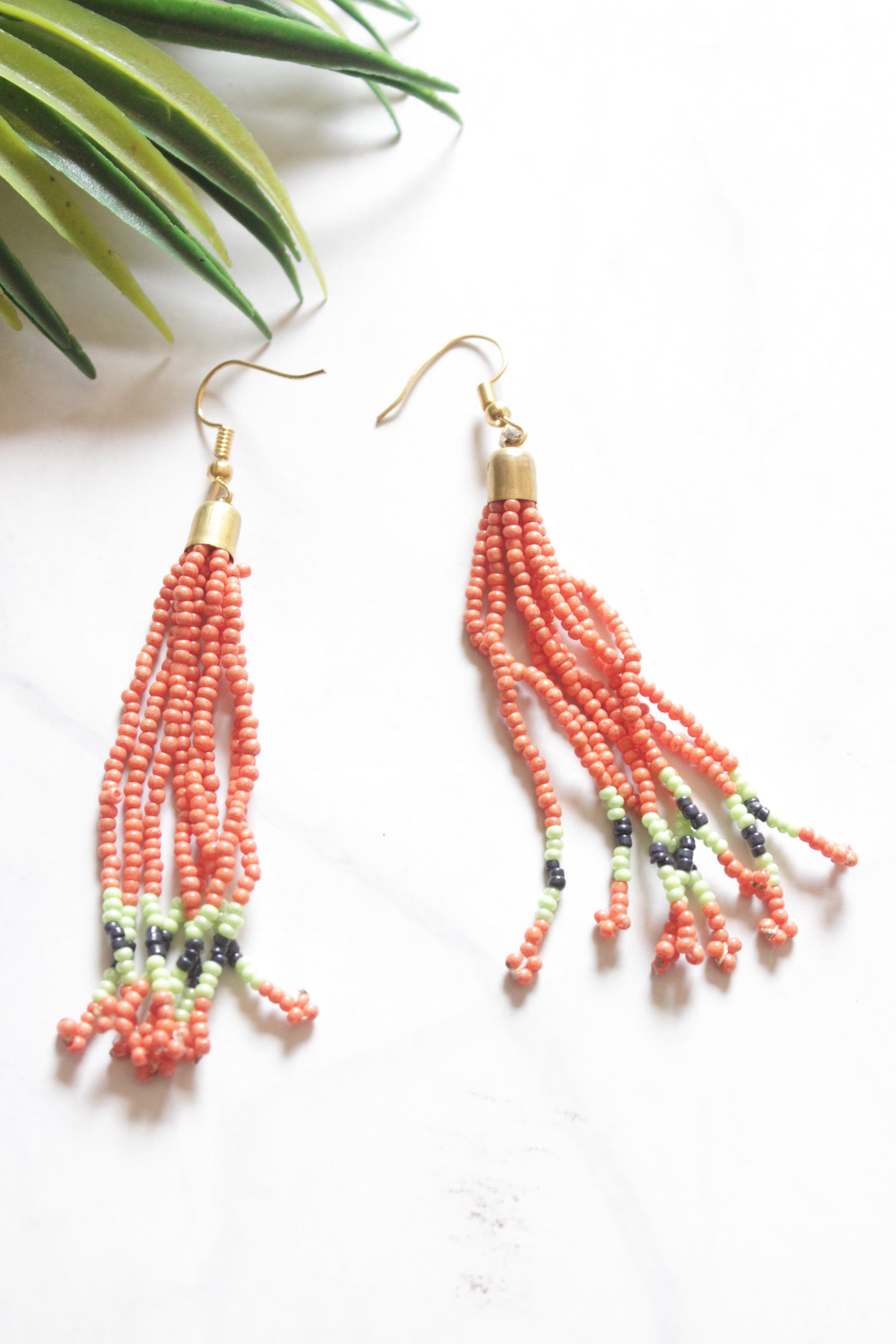 Orange Hand Beaded Long Necklace Set