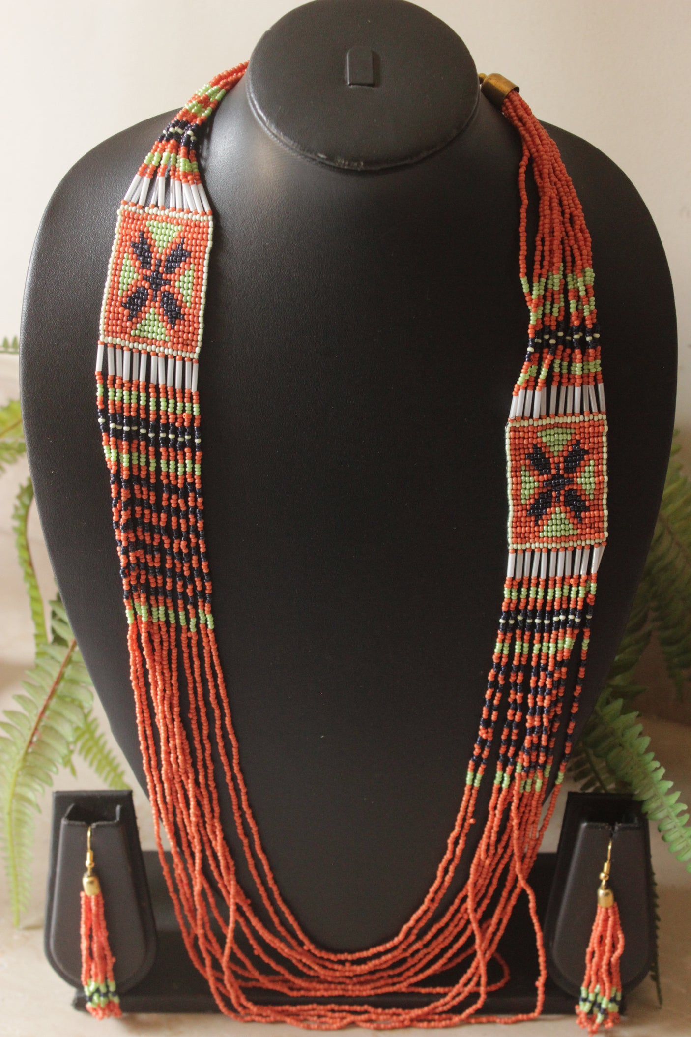 Orange Hand Beaded Long Necklace Set