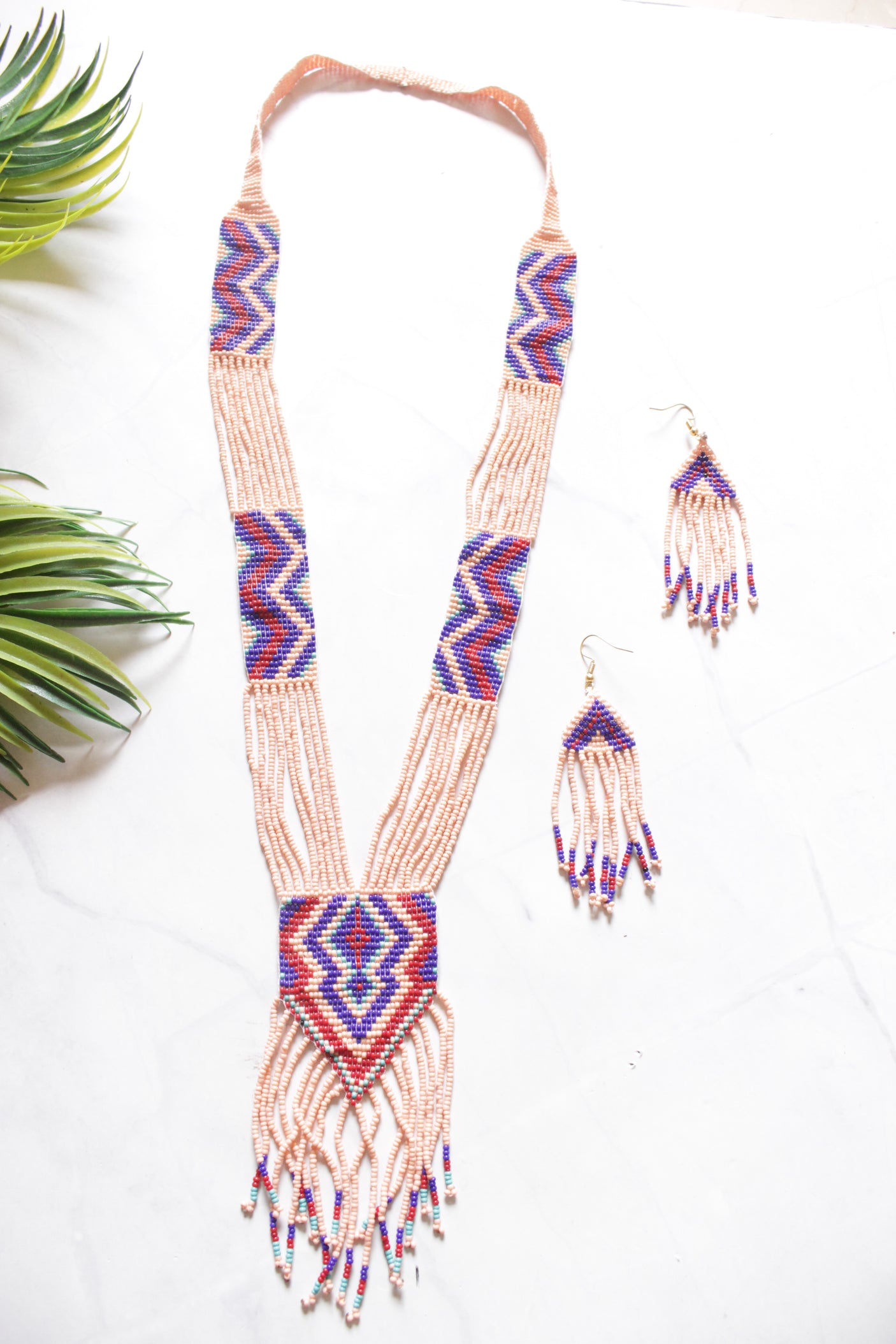 Peach and Blue Hand Beaded Long Necklace Set