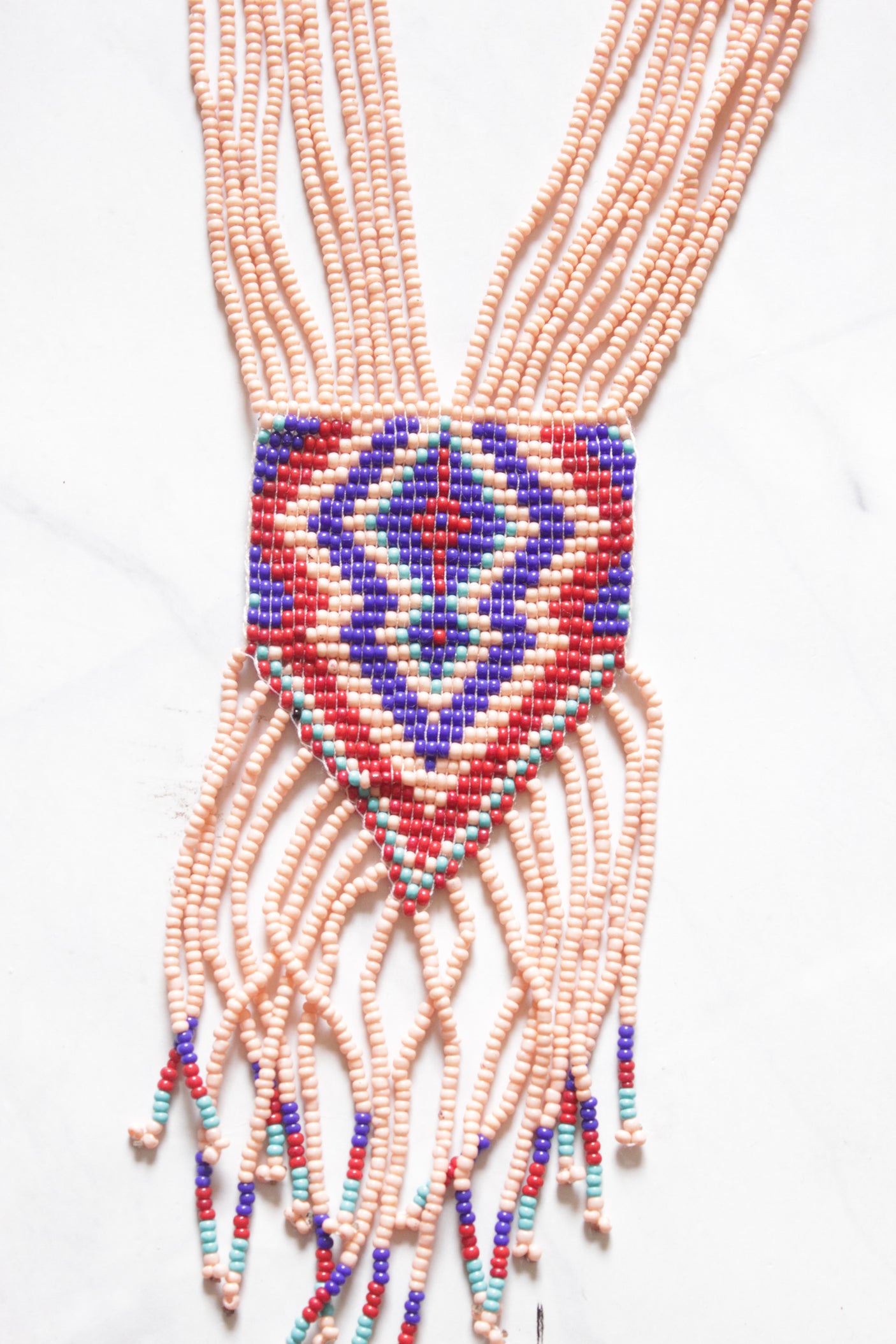 Peach and Blue Hand Beaded Long Necklace Set
