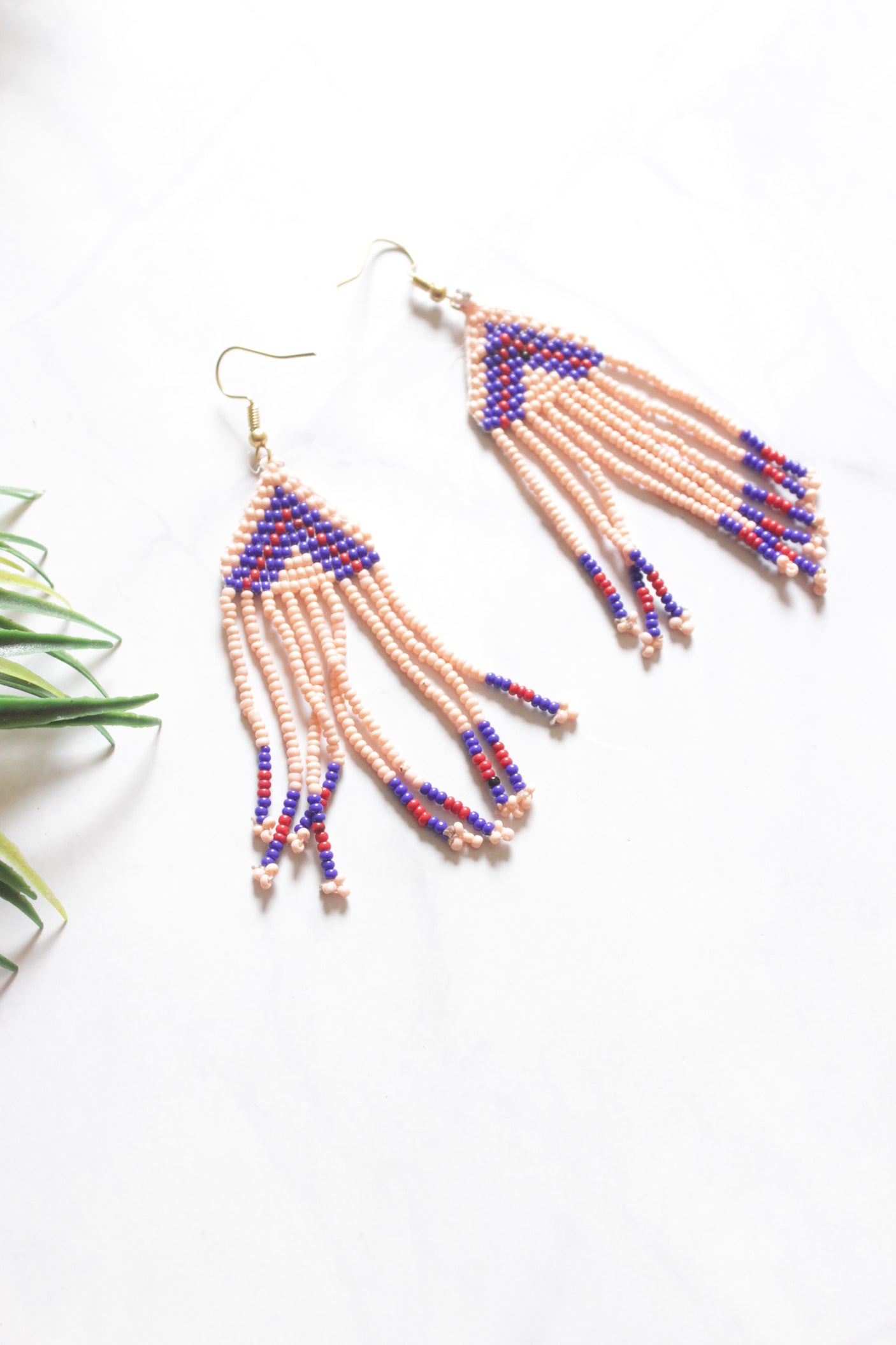 Peach and Blue Hand Beaded Long Necklace Set