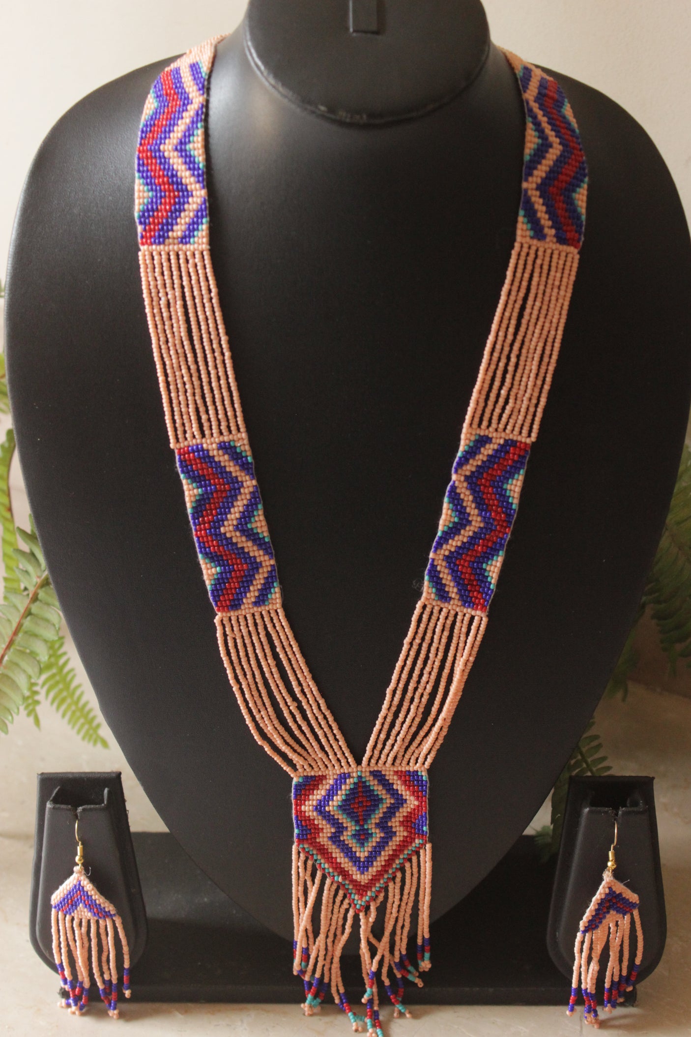 Peach and Blue Hand Beaded Long Necklace Set