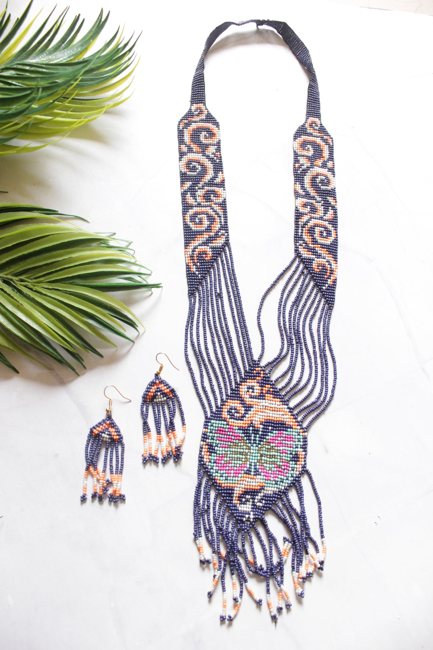 Royal Blue & Multi-Color Hand Beaded Long Necklace Set