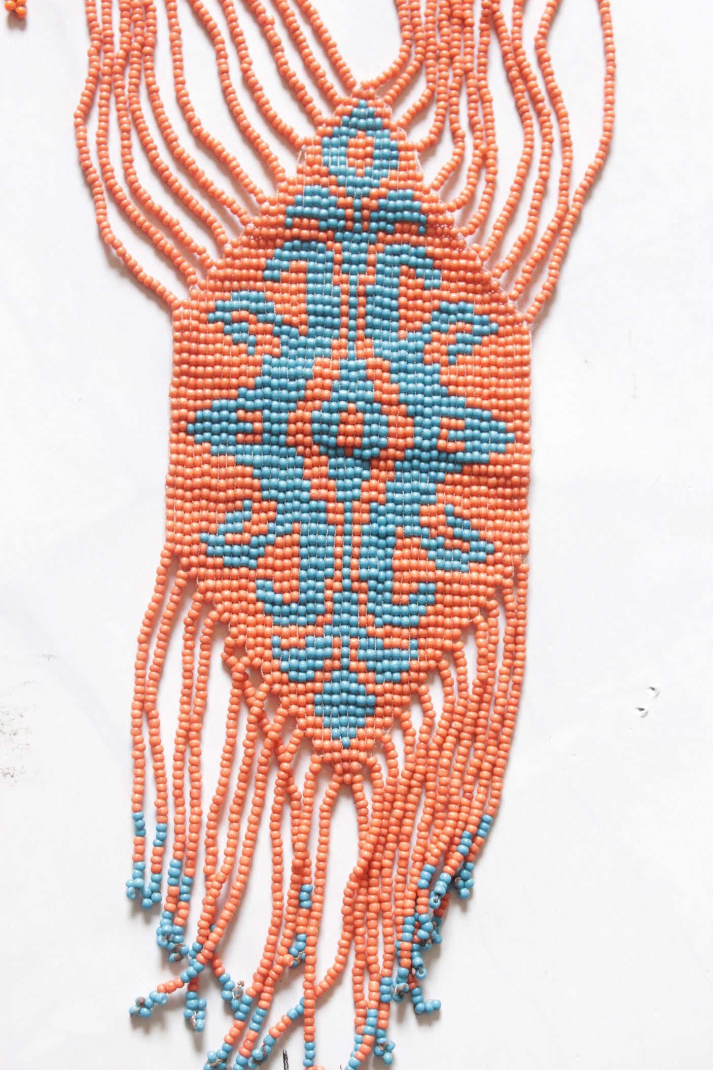 Orange and Blue Hand Beaded Long Necklace Set