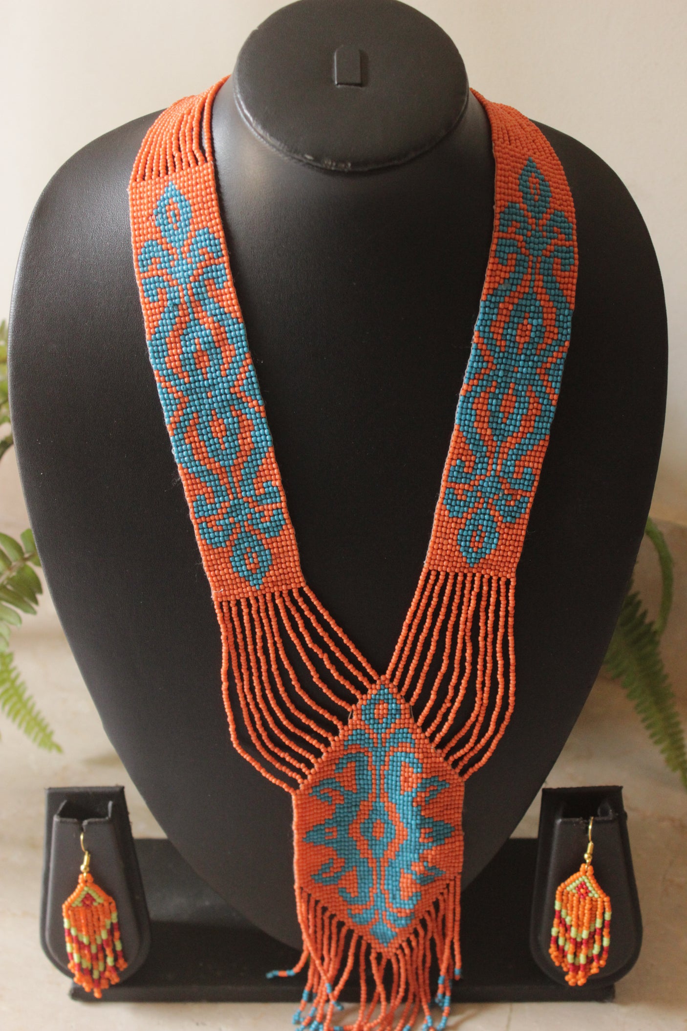 Orange and Blue Hand Beaded Long Necklace Set