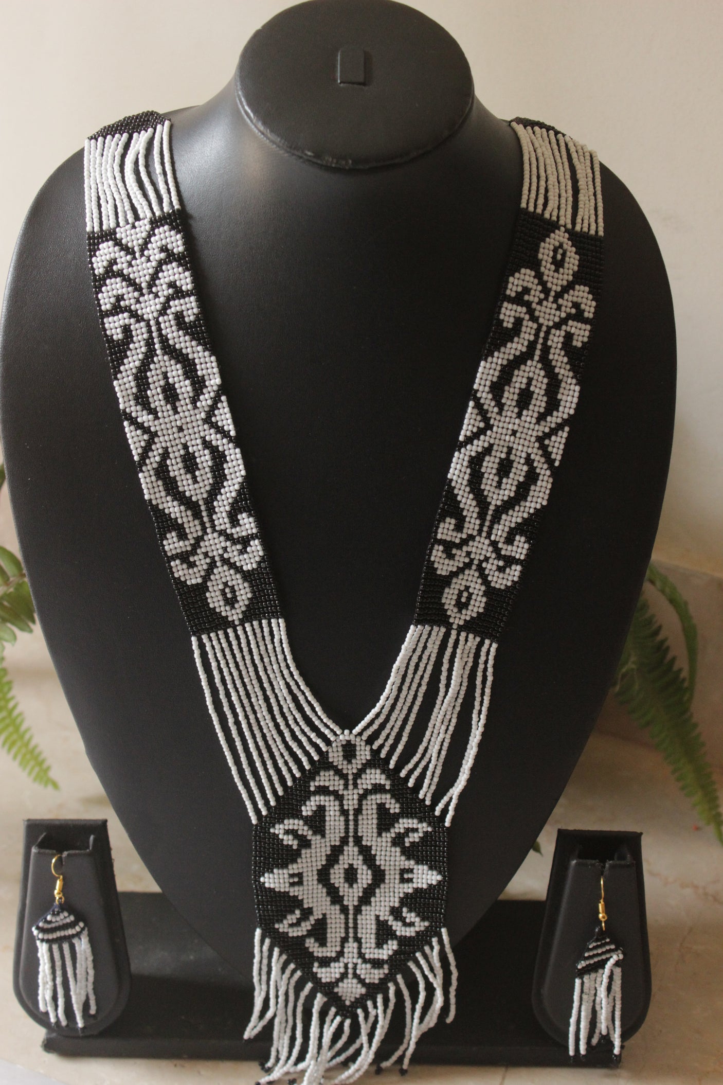 Monochrome Hand Beaded Long Necklace Set