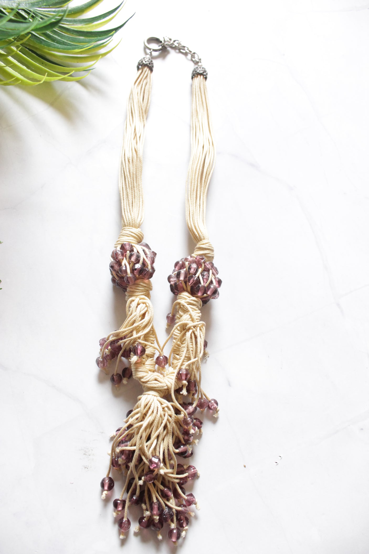 Hand Braided Fabric Strings and Glass Beads Boho Necklace