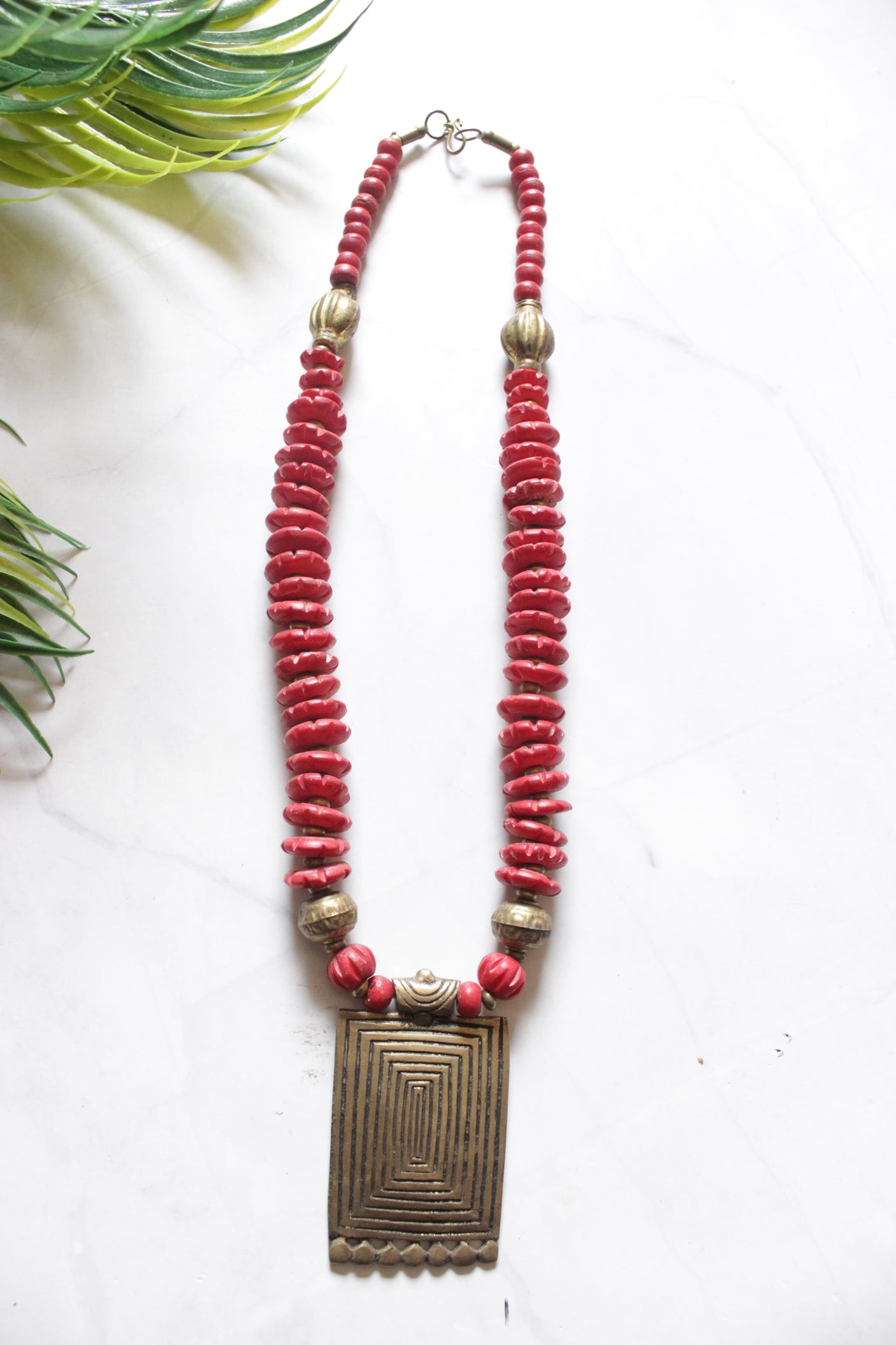 Matt Gold Finish Metal Pendant and Acrylic Beads Necklace