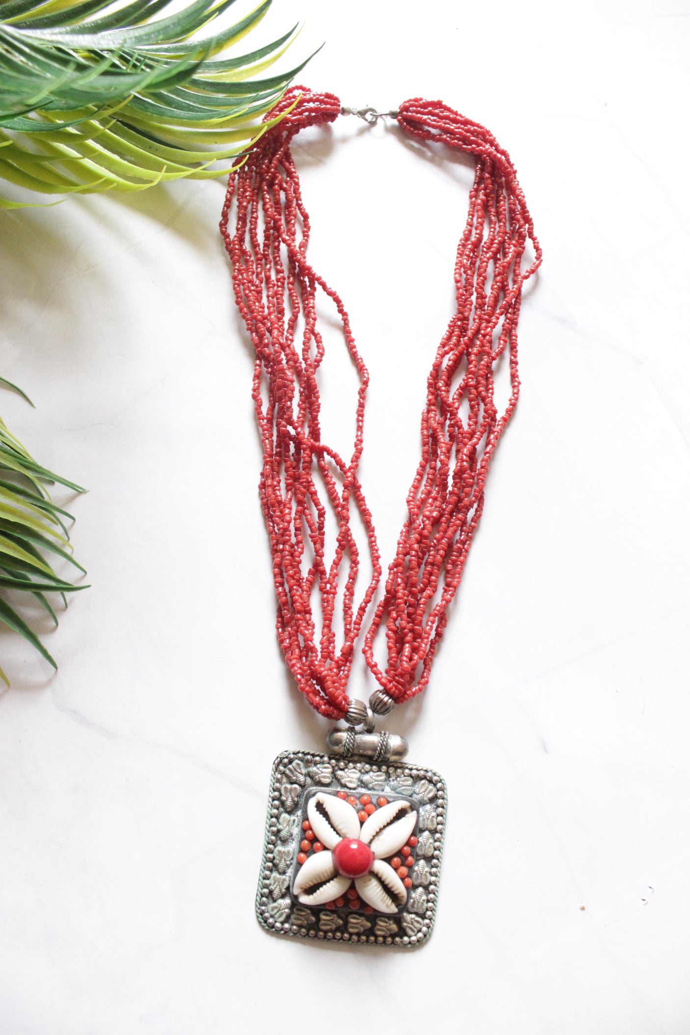 Red Acrylic Beads and Shells Metal Pendant Handmade Necklace