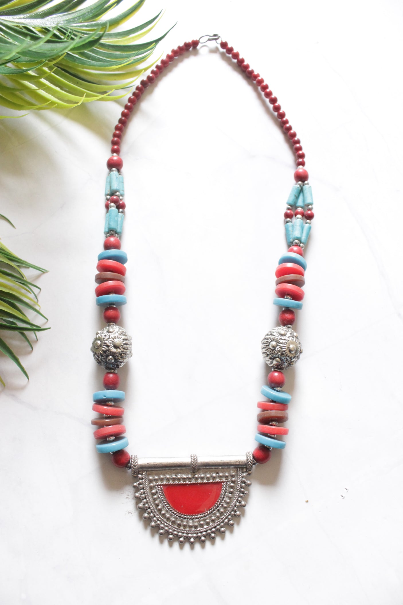 Blue and Red Acrylic Beads Afghani Pendant Necklace
