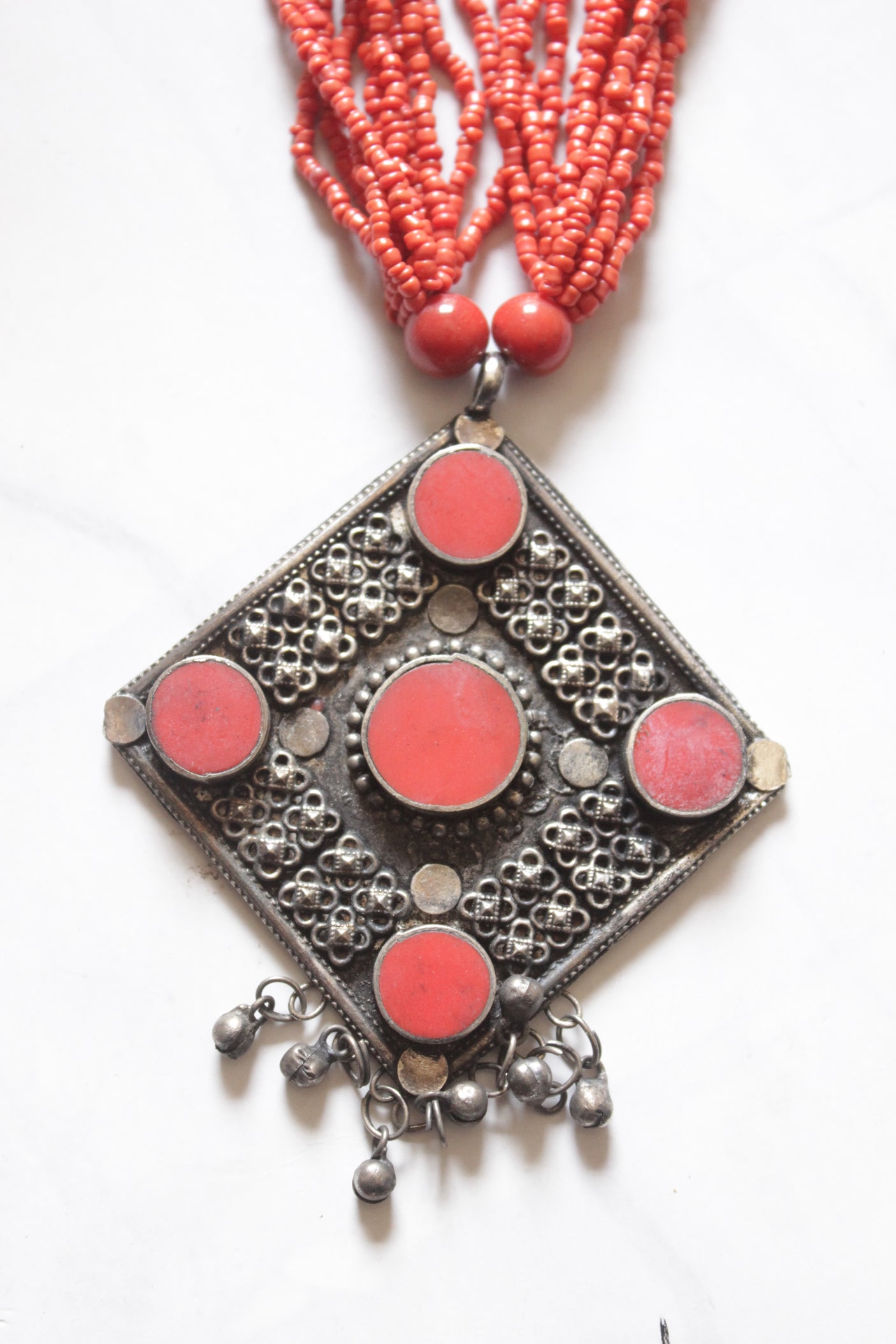 Orange Acrylic Beads and Afghani Metal Pendant Handmade Necklace