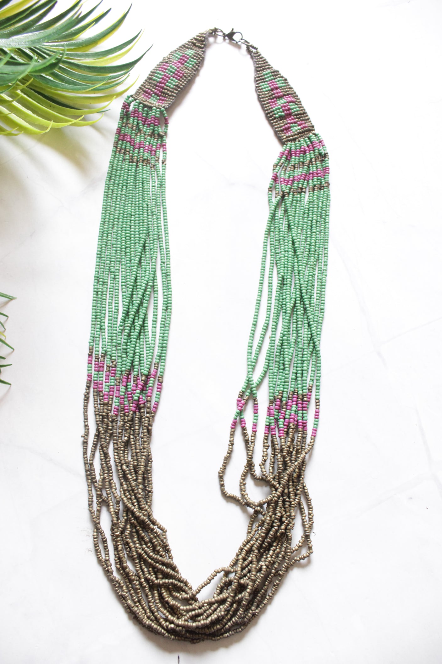 Multi-Layer Sea Green and Grey Beads Boho Necklace