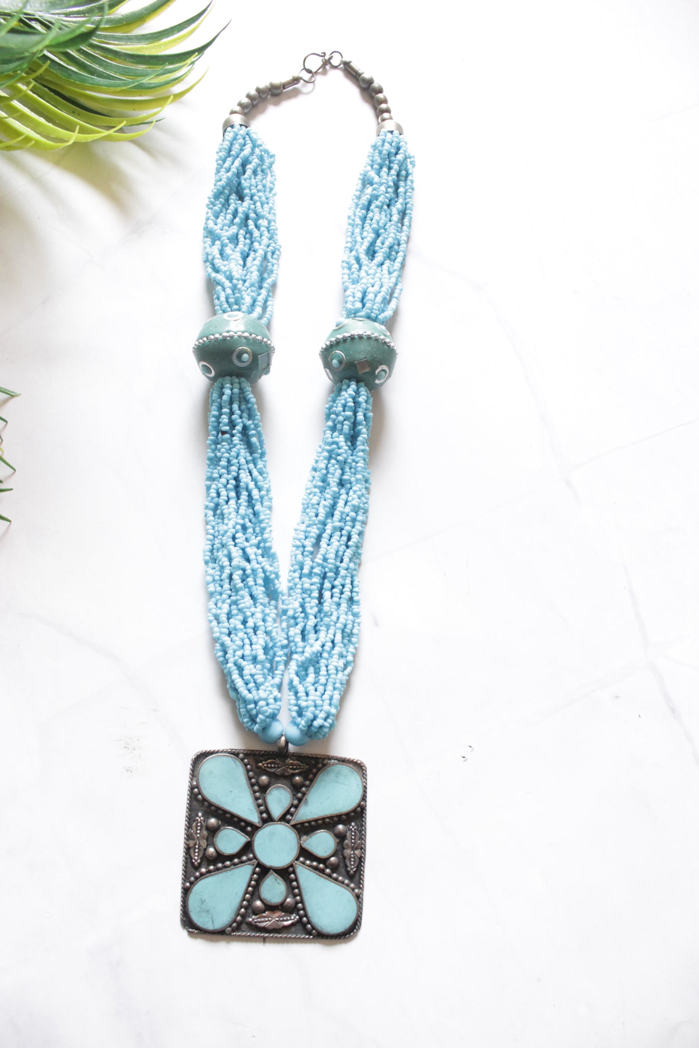 Blue Acrylic Beads and Metal Pendant Handmade Necklace