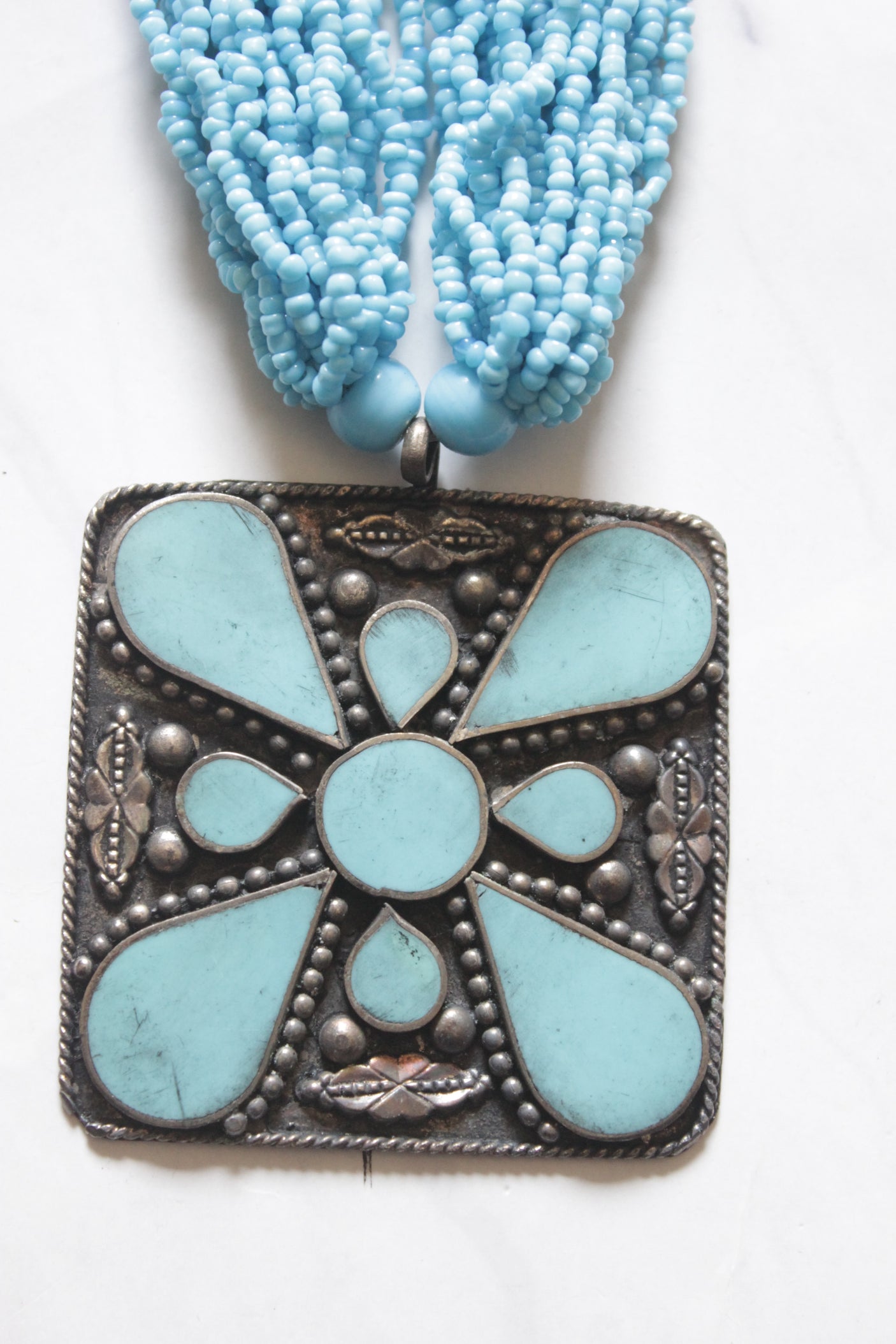 Blue Acrylic Beads and Metal Pendant Handmade Necklace