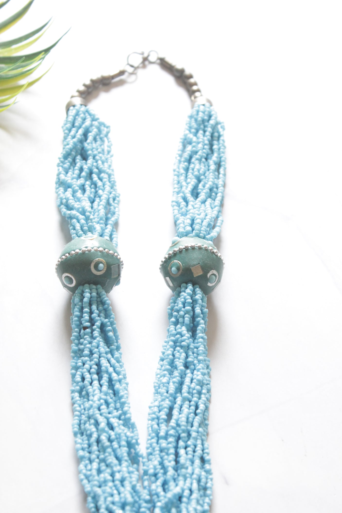 Blue Acrylic Beads and Metal Pendant Handmade Necklace