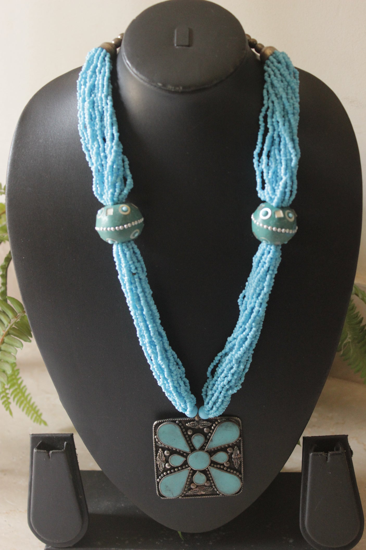 Blue Acrylic Beads and Metal Pendant Handmade Necklace