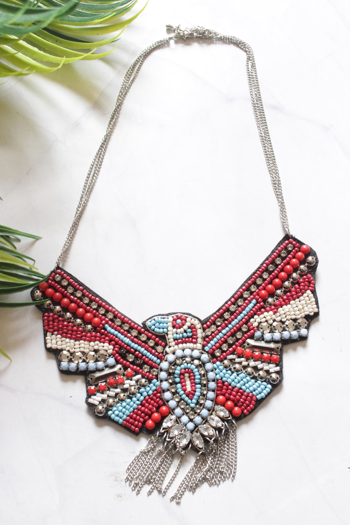 Red and Blue Beads Bird Motif Boho Necklace