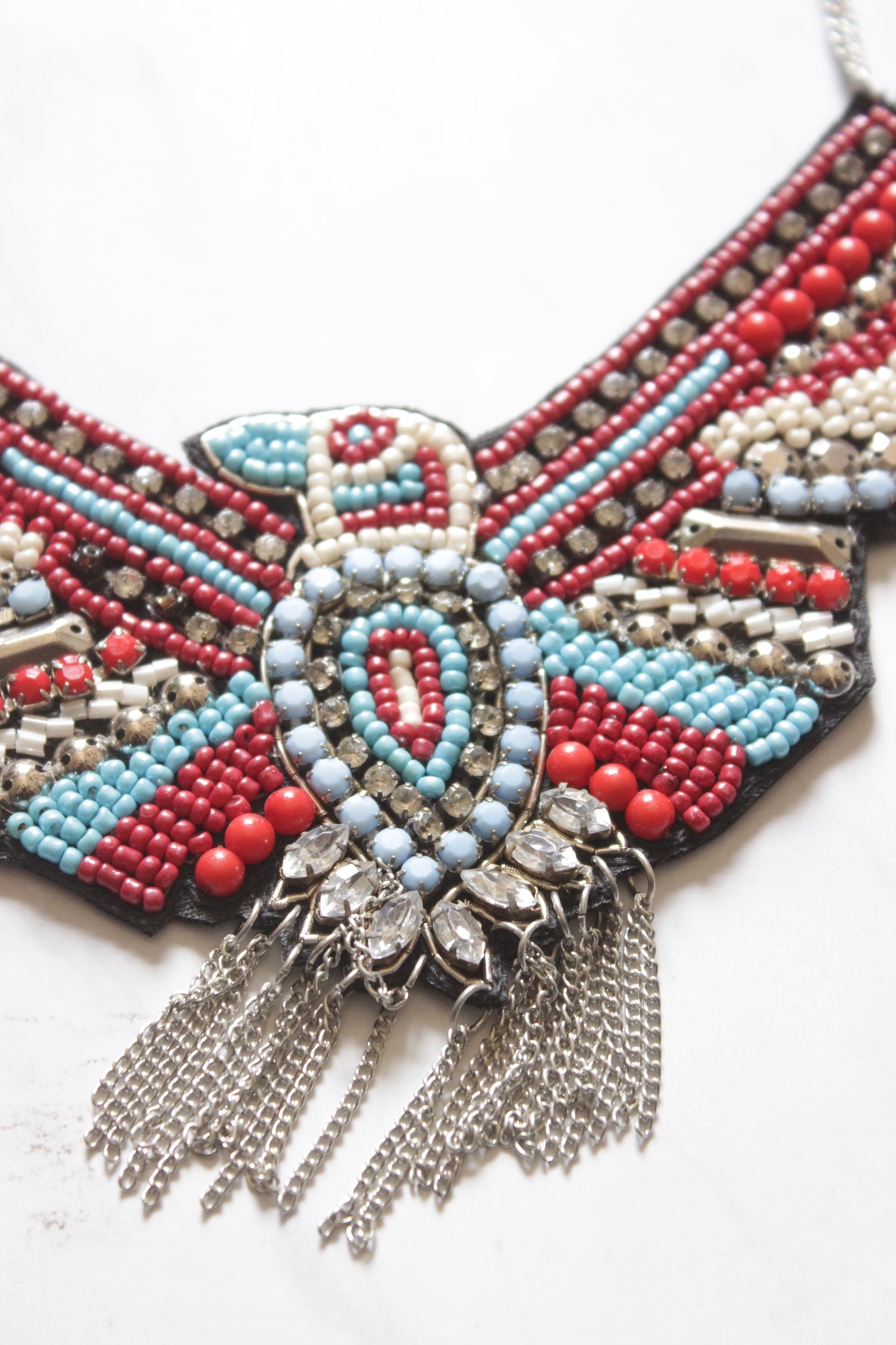 Red and Blue Beads Bird Motif Boho Necklace
