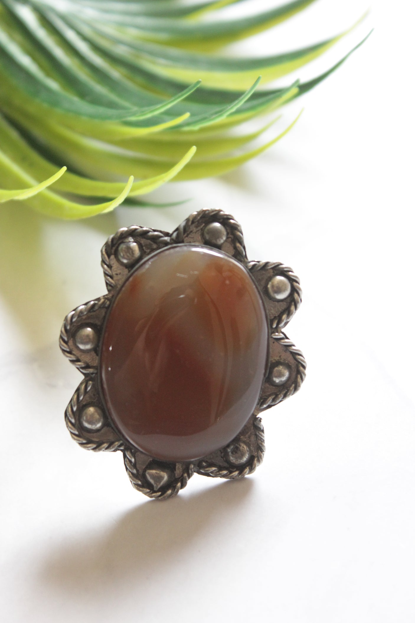 Shaded Brown Center Stone Oval Adjustable Size Oxidised Finish Statement Ring
