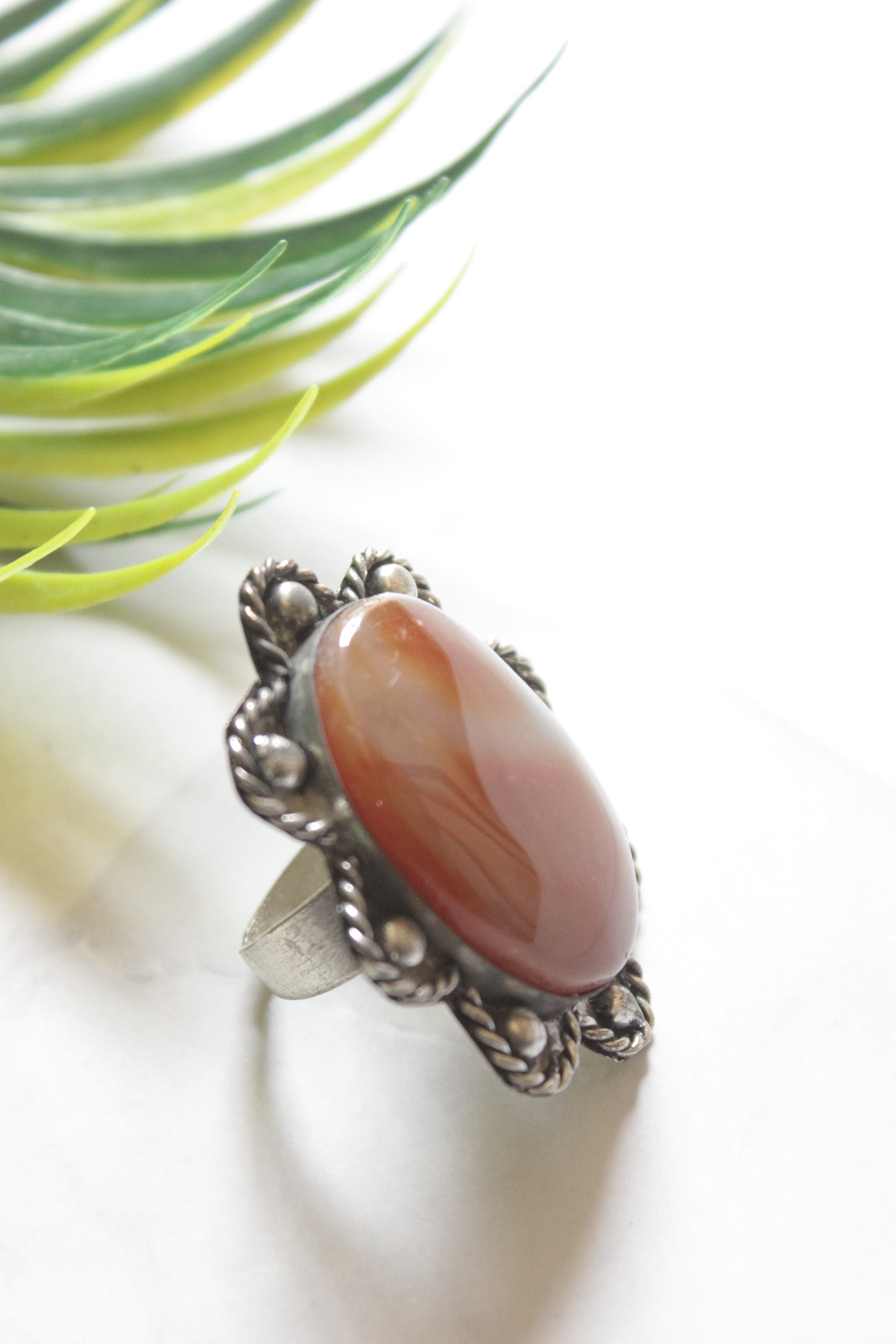 Shaded Brown Center Stone Oval Adjustable Size Oxidised Finish Statement Ring