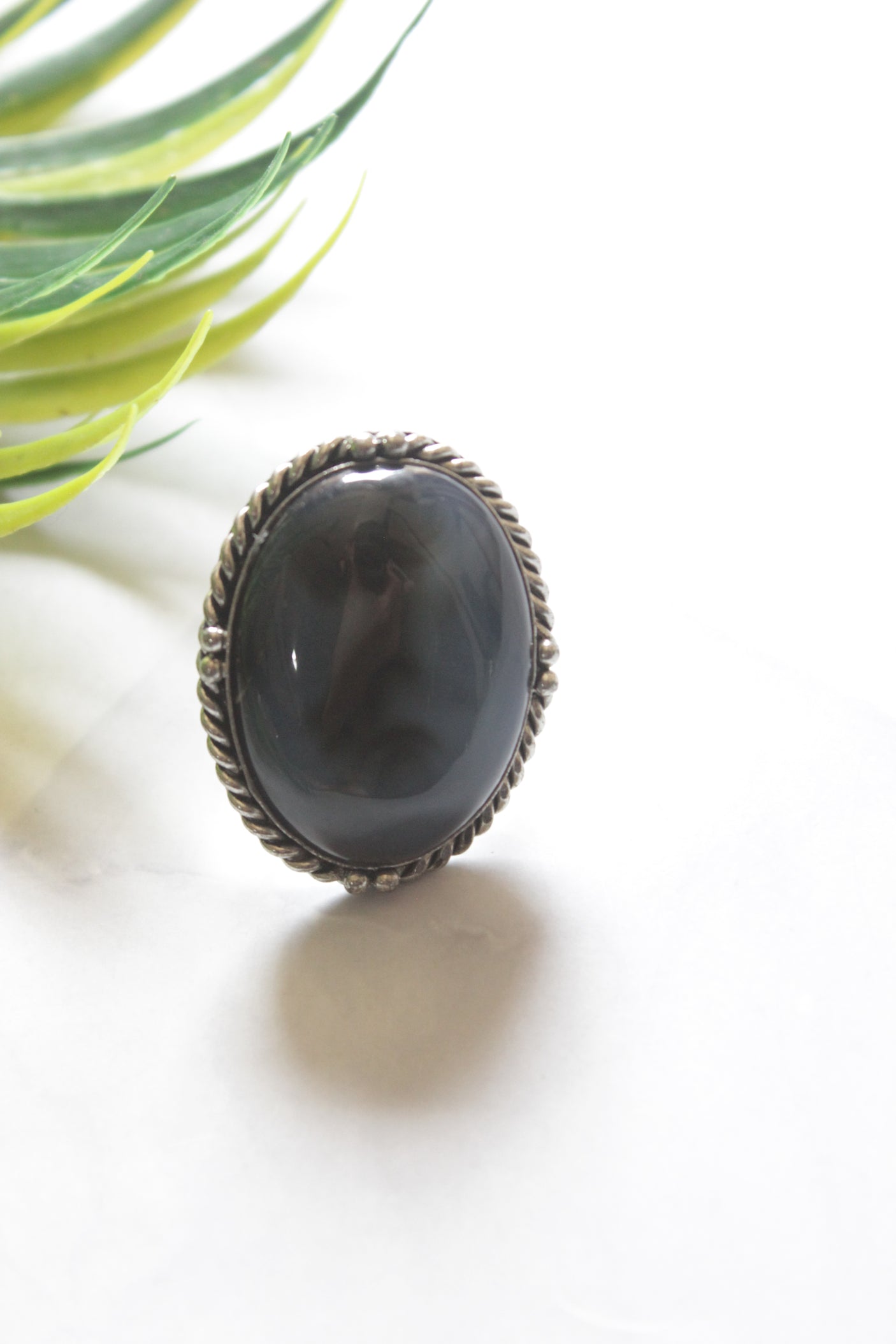 Blue Center Stone Oval Adjustable Size Oxidised Finish Statement Ring