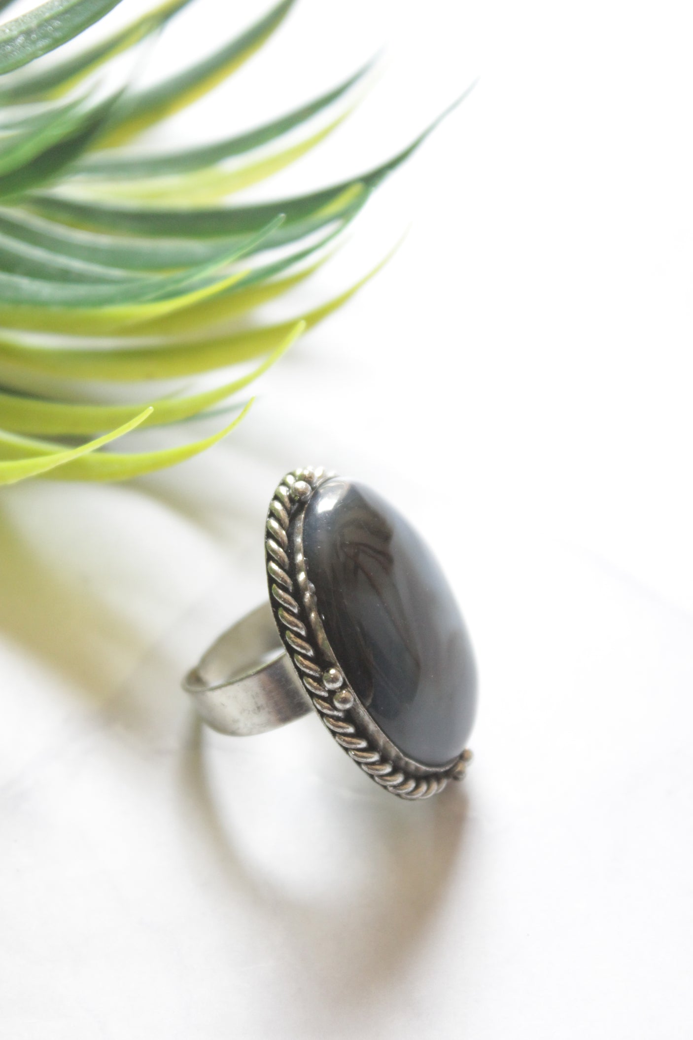 Blue Center Stone Oval Adjustable Size Oxidised Finish Statement Ring