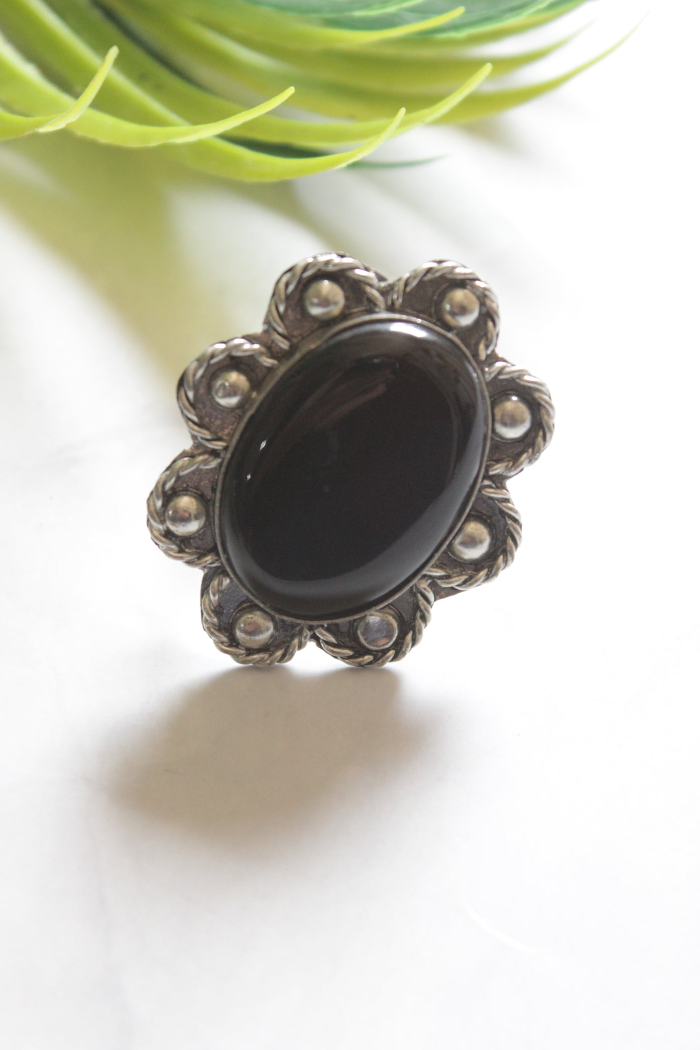Black Center Stone Oval Adjustable Size Oxidised Finish Statement Ring