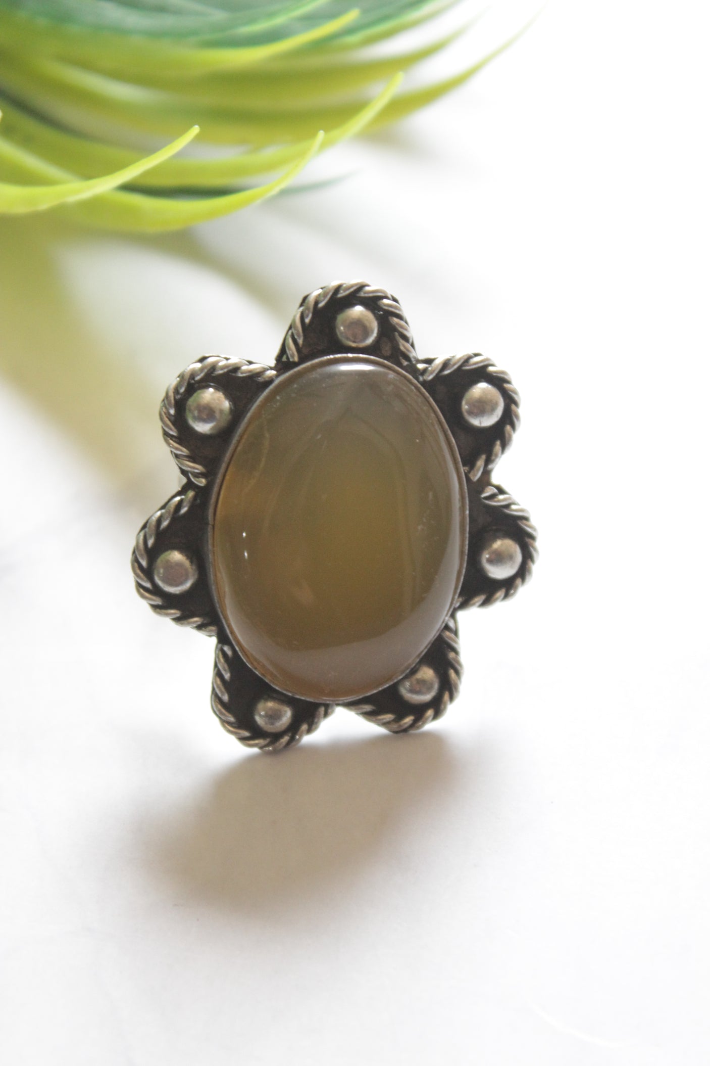 Shaded Yellow Center Stone Oval Adjustable Size Oxidised Finish Statement Ring