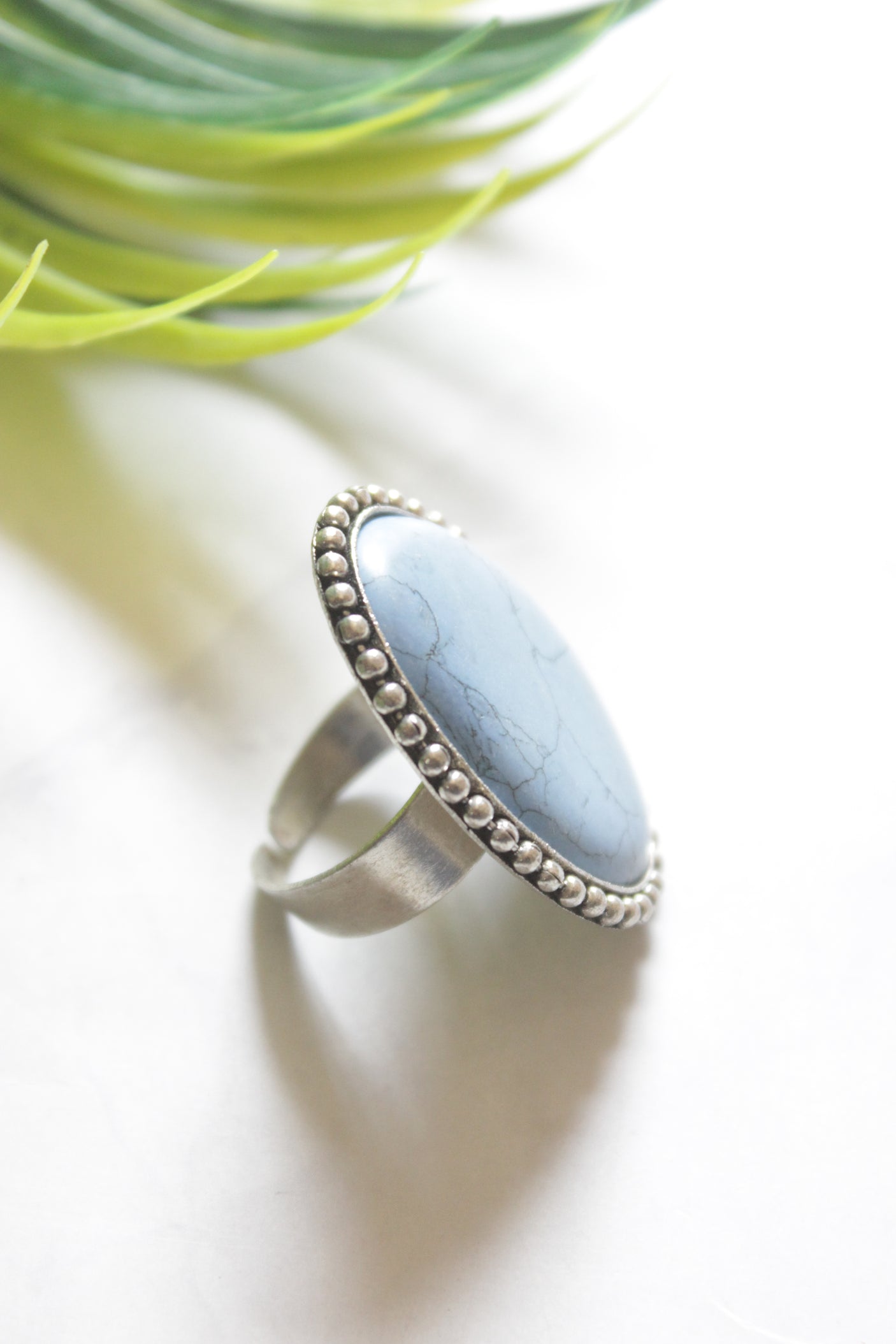 Blue Center Stone Adjustable Size Oxidised Finish Statement Ring