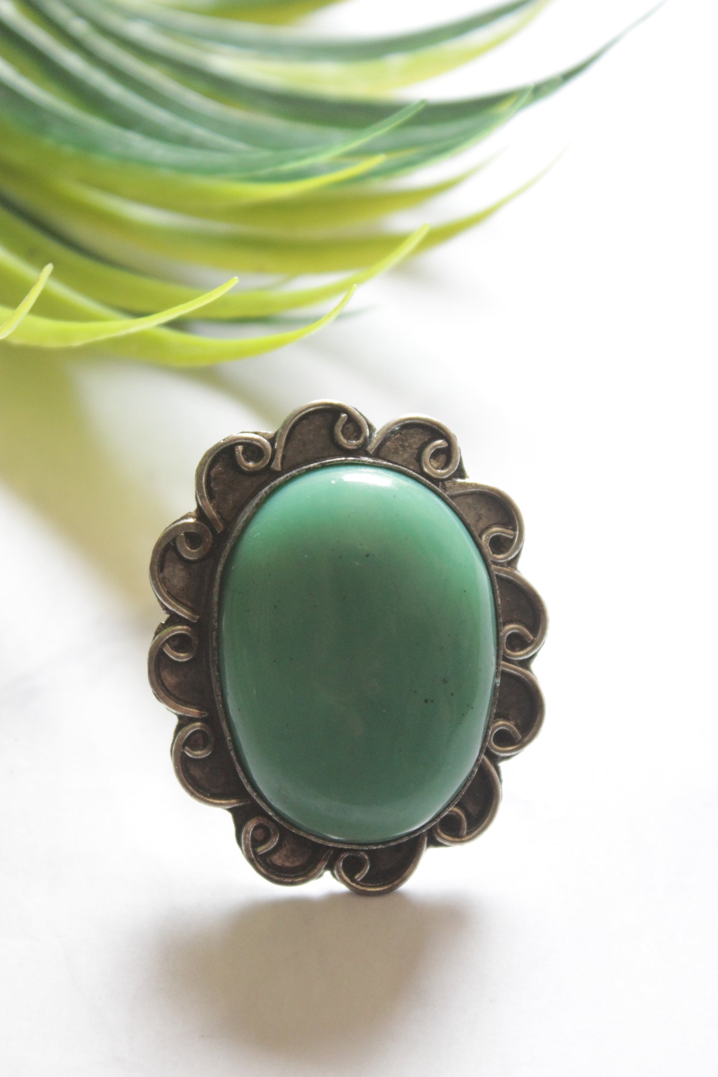 Sea Green Center Stone Adjustable Size Oxidised Finish Statement Ring