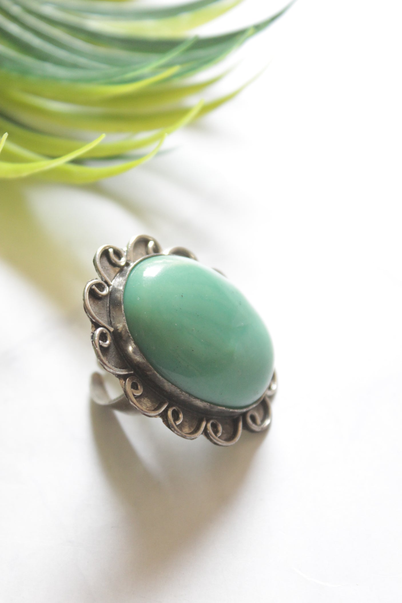 Sea Green Center Stone Adjustable Size Oxidised Finish Statement Ring