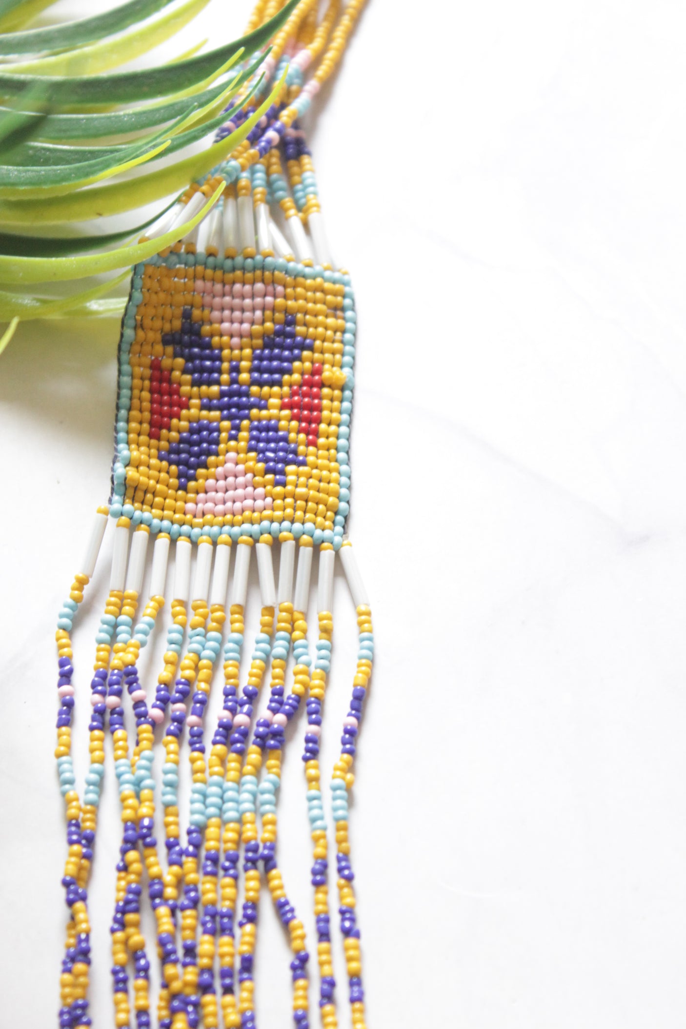 Mustard Yellow and Purple Hand Beaded Long Necklace Set