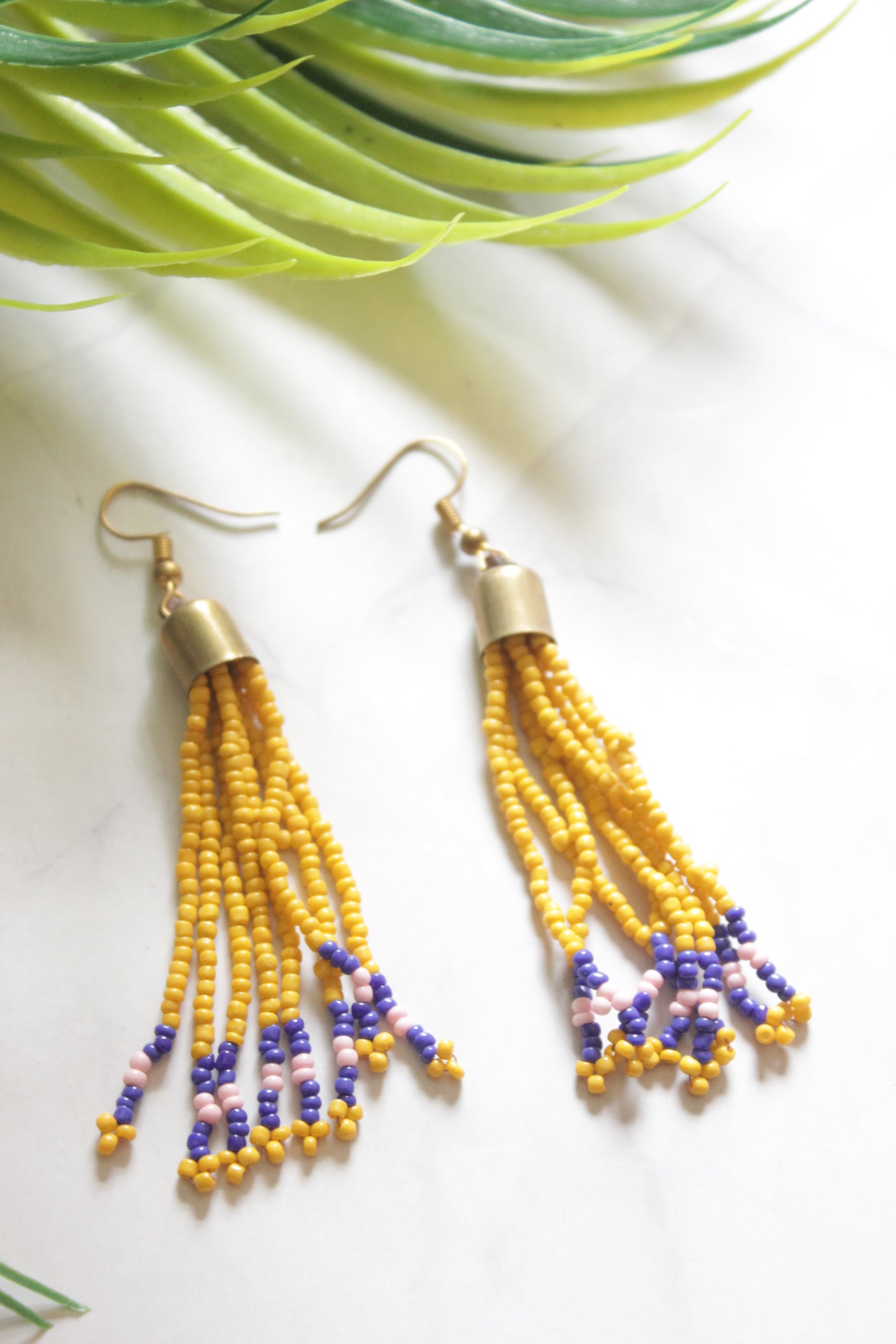Mustard Yellow and Purple Hand Beaded Long Necklace Set