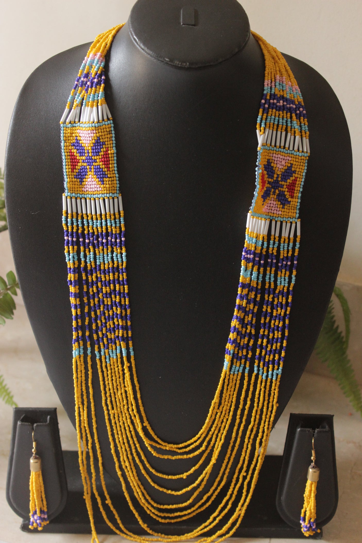 Mustard Yellow and Purple Hand Beaded Long Necklace Set