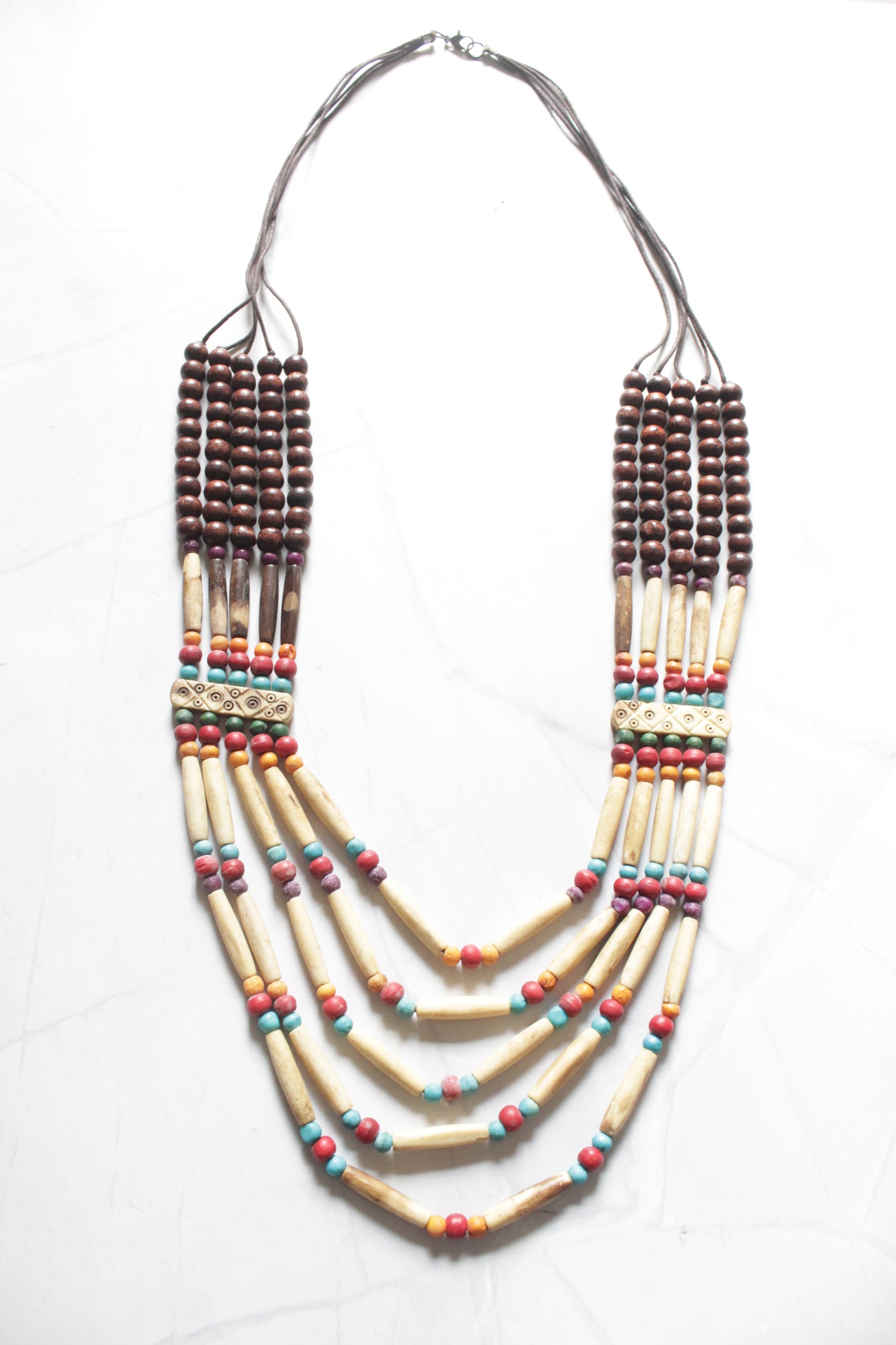 Off-White and Brown Wooden Beads Multi-Layer Boho Necklace
