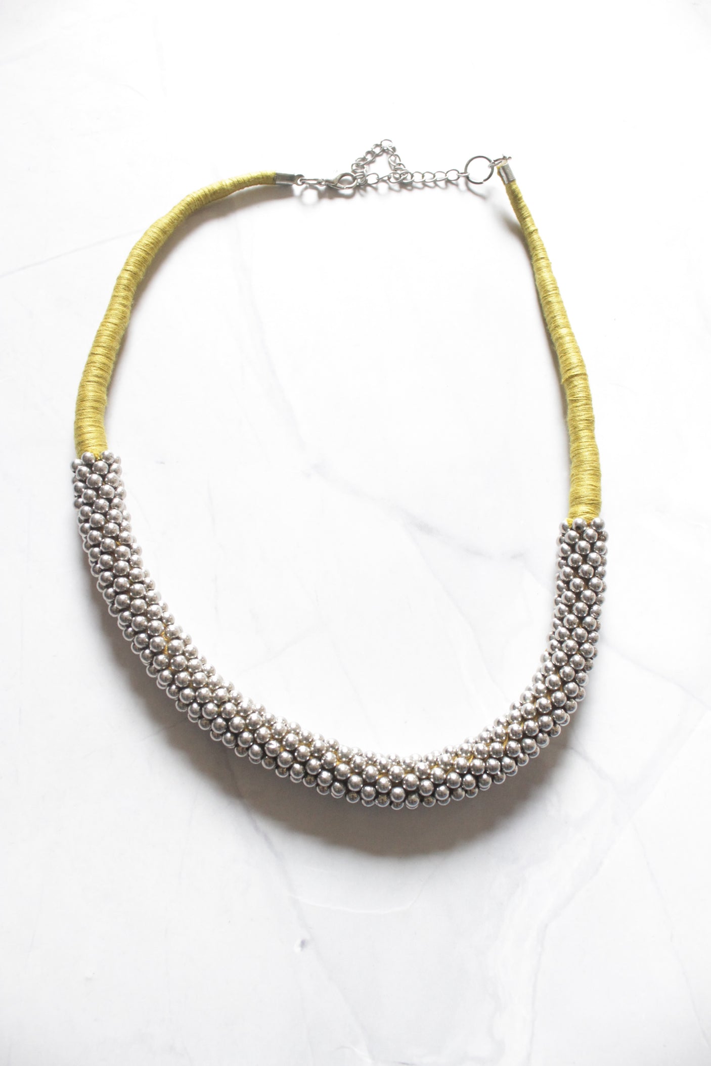 Metal Beads and Green Fabric Threads Choker Necklace