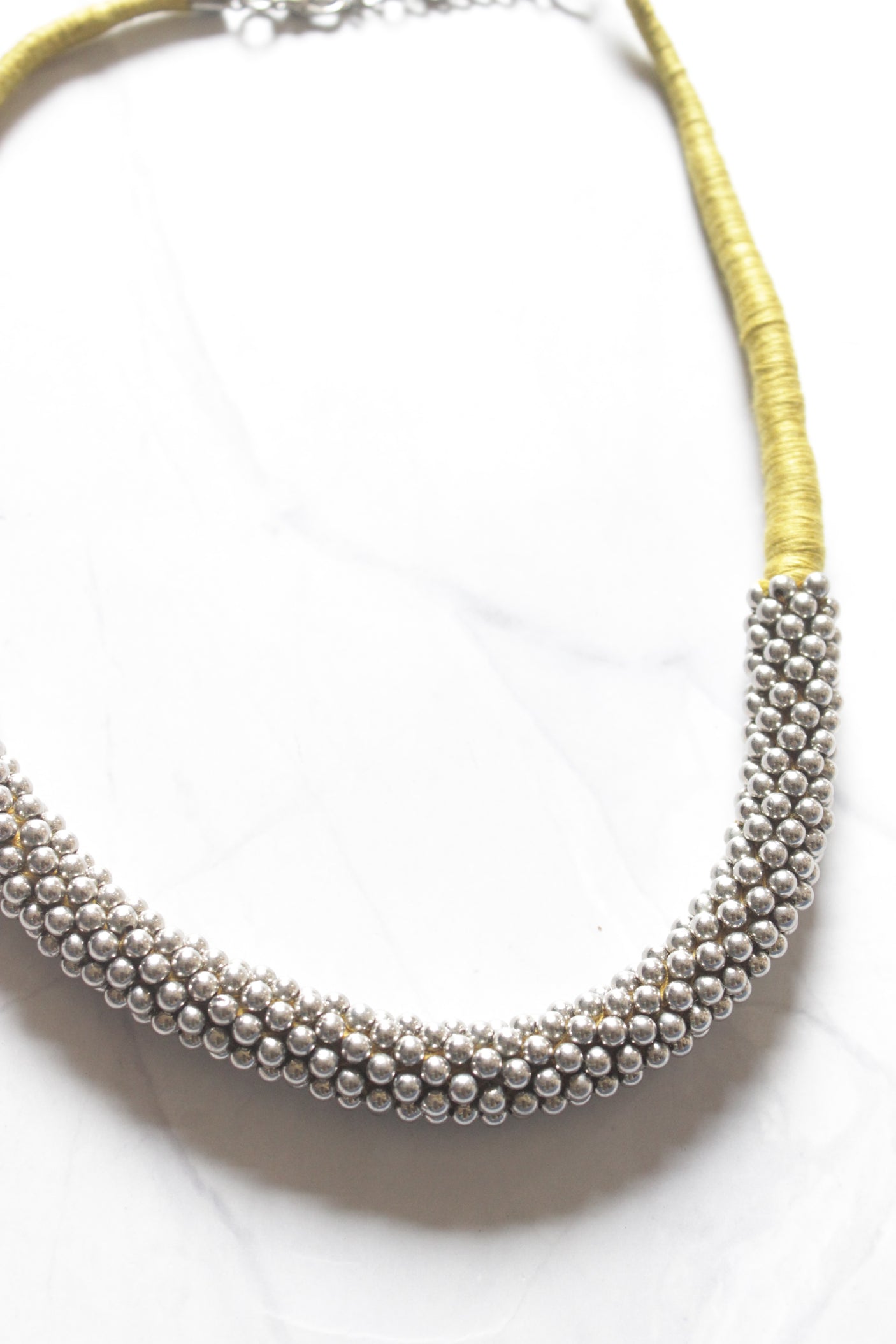 Metal Beads and Green Fabric Threads Choker Necklace