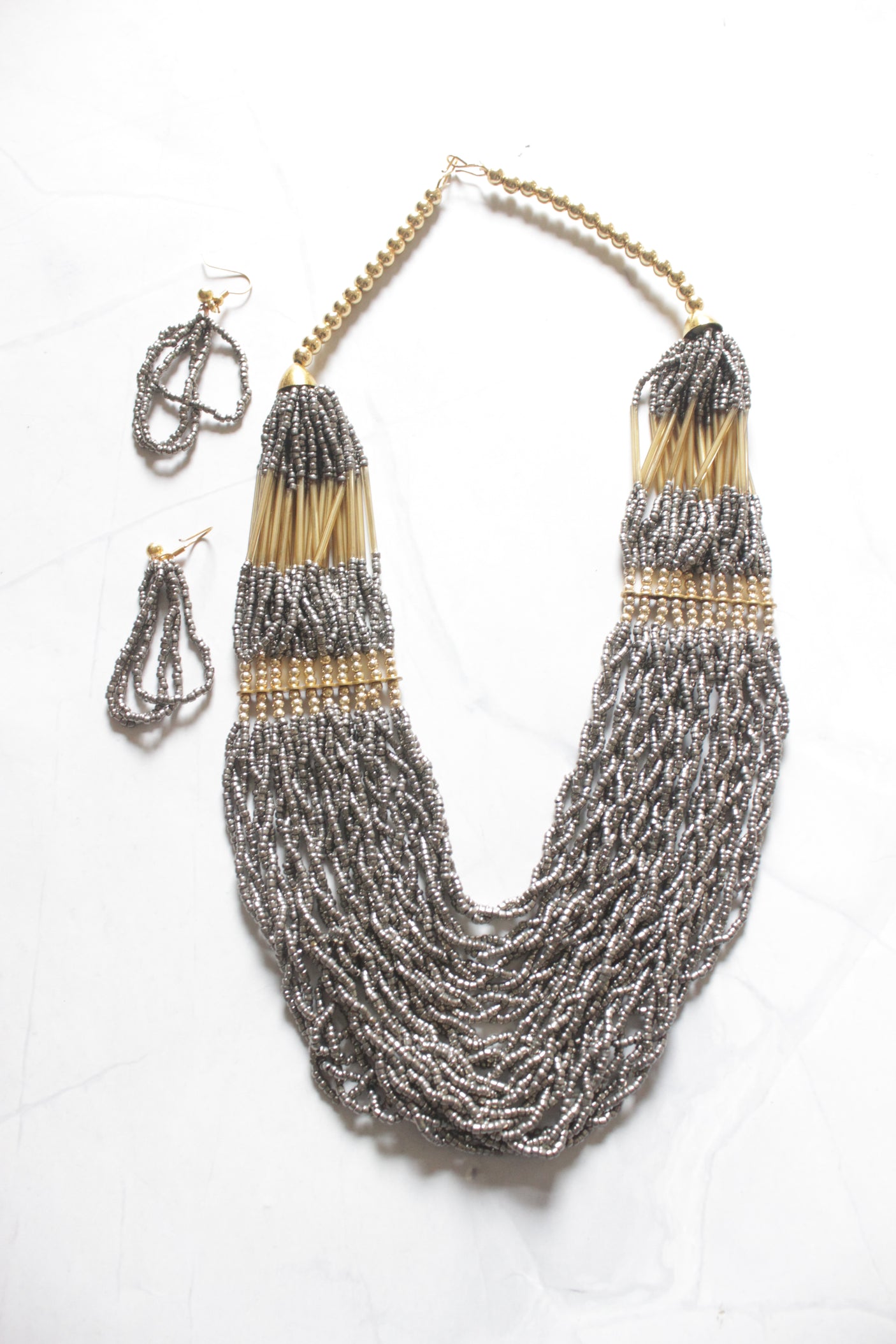 Grey and Gold Beads Multi-Layer Boho Necklace Set