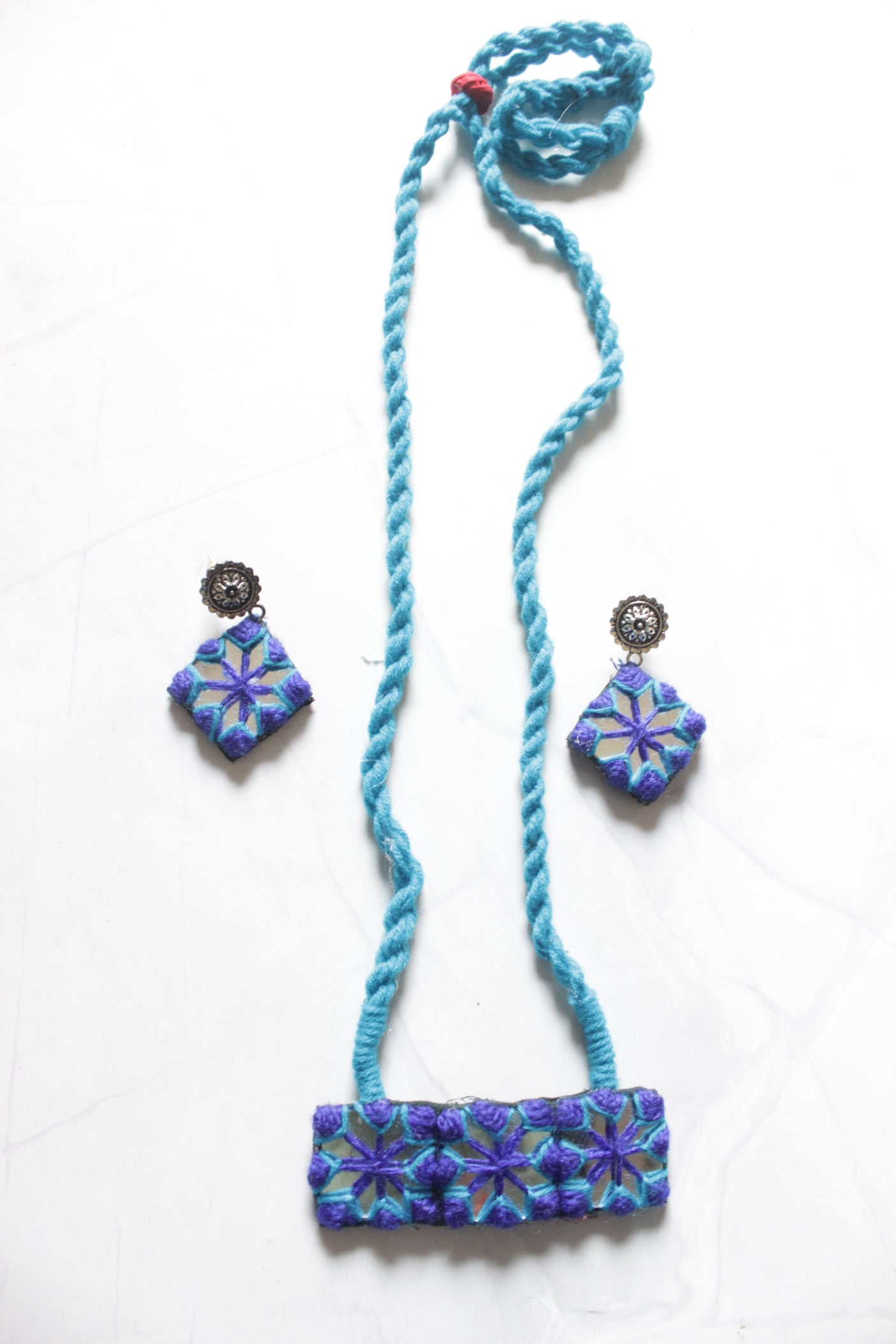 Shades of Blue Fabric and Mirror Adjustable Length Necklace