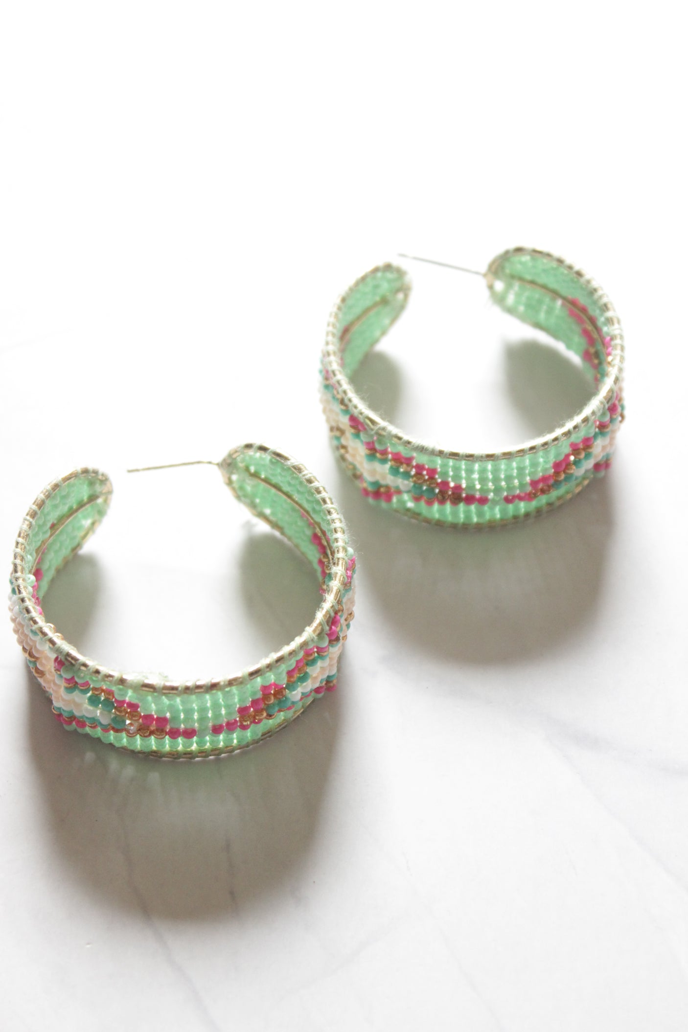 Green and Pink Beads Statement Hoop Earrings