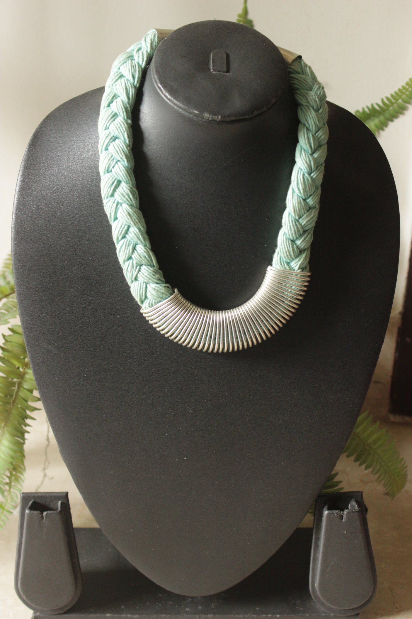 Blue Braided Fabric Threads and Metal Boho Necklace