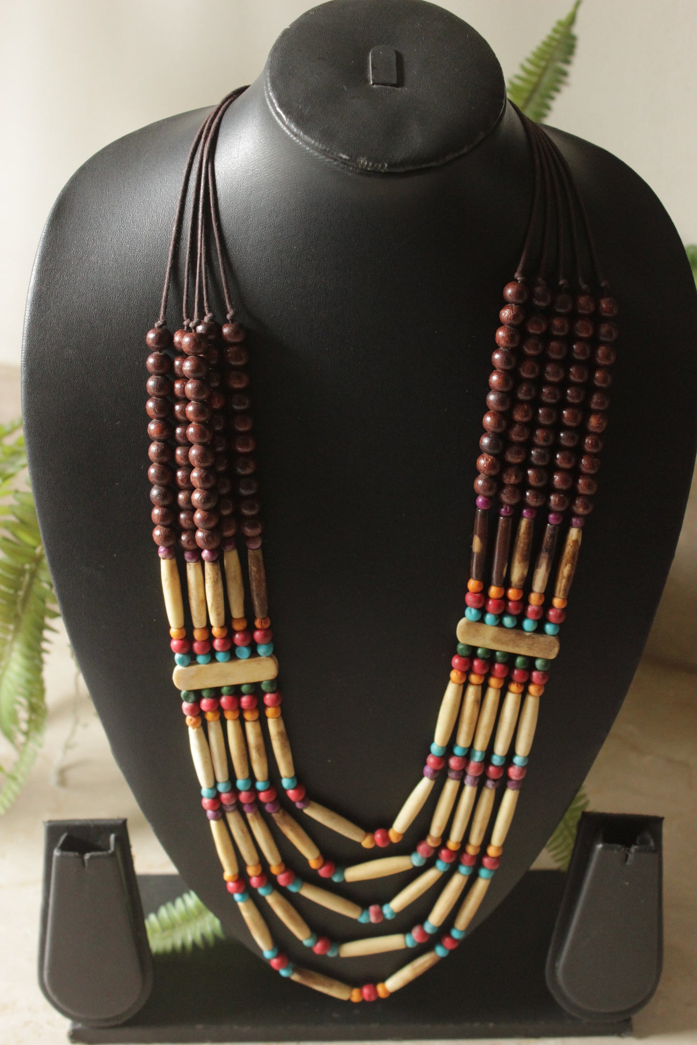 Off-White and Brown Wooden Beads Multi-Layer Boho Necklace