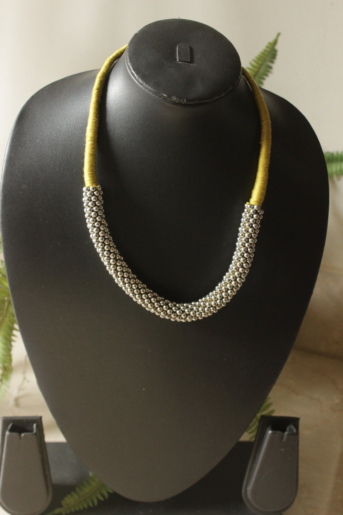 Metal Beads and Green Fabric Threads Choker Necklace