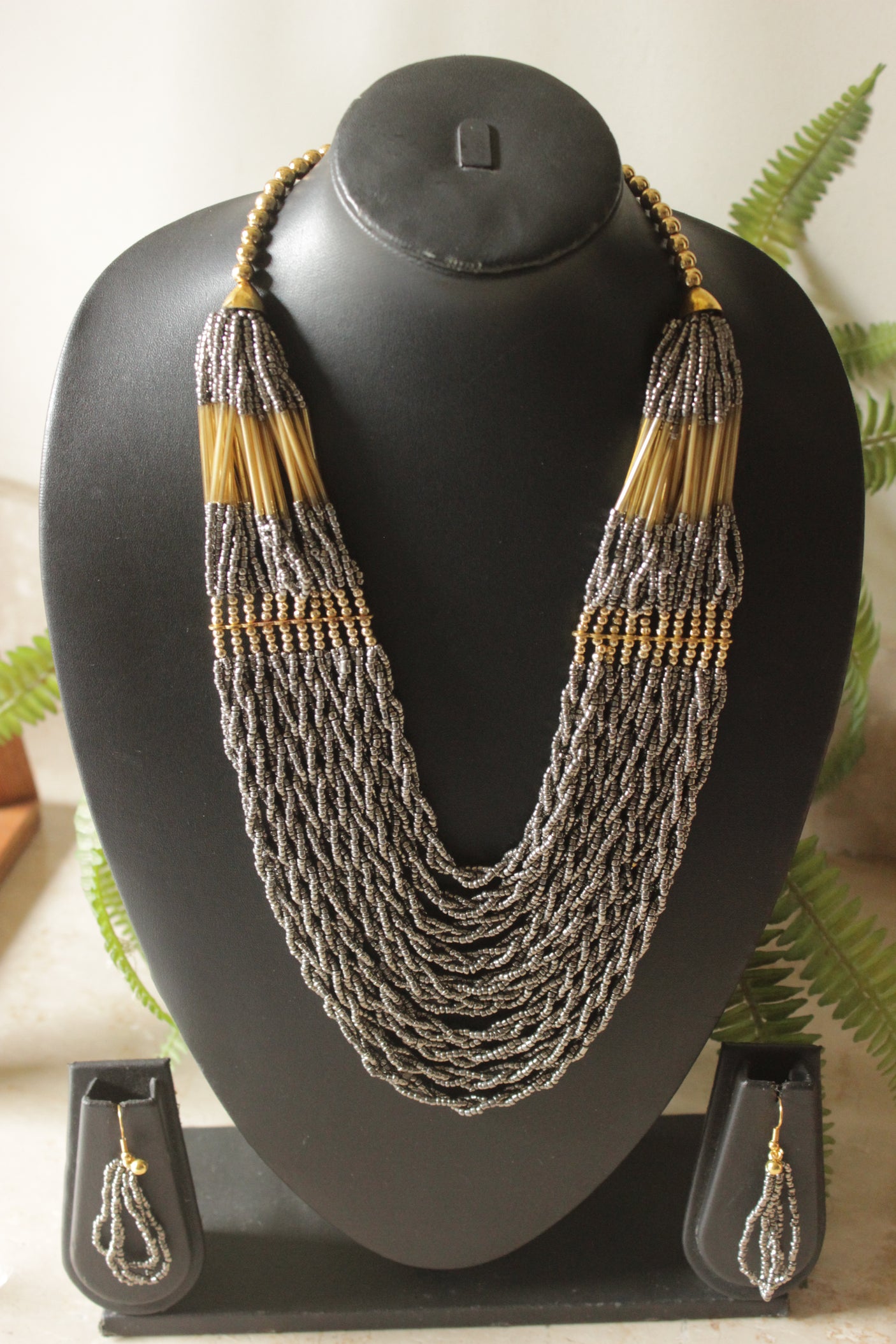 Grey and Gold Beads Multi-Layer Boho Necklace Set