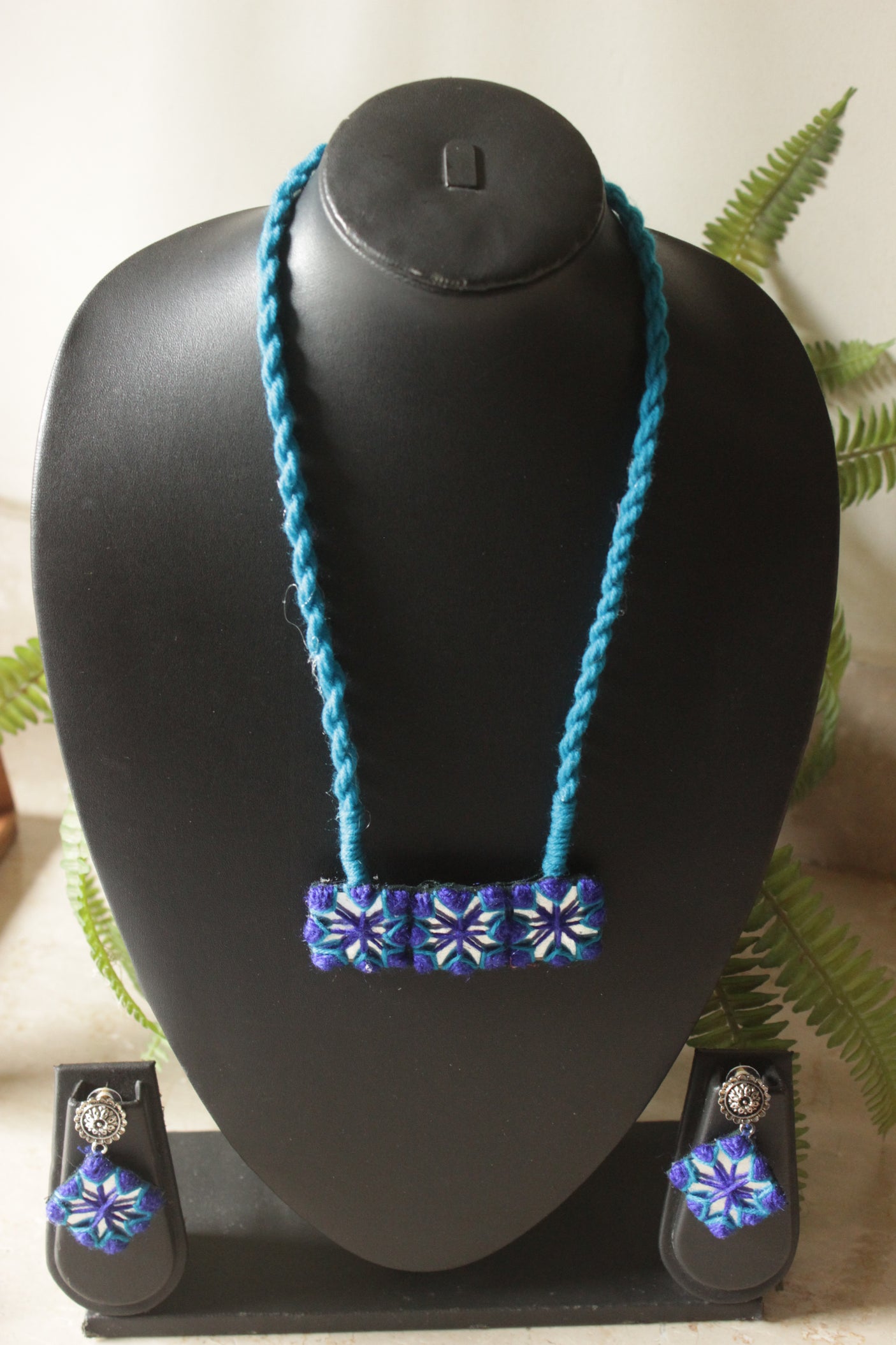 Shades of Blue Fabric and Mirror Adjustable Length Necklace